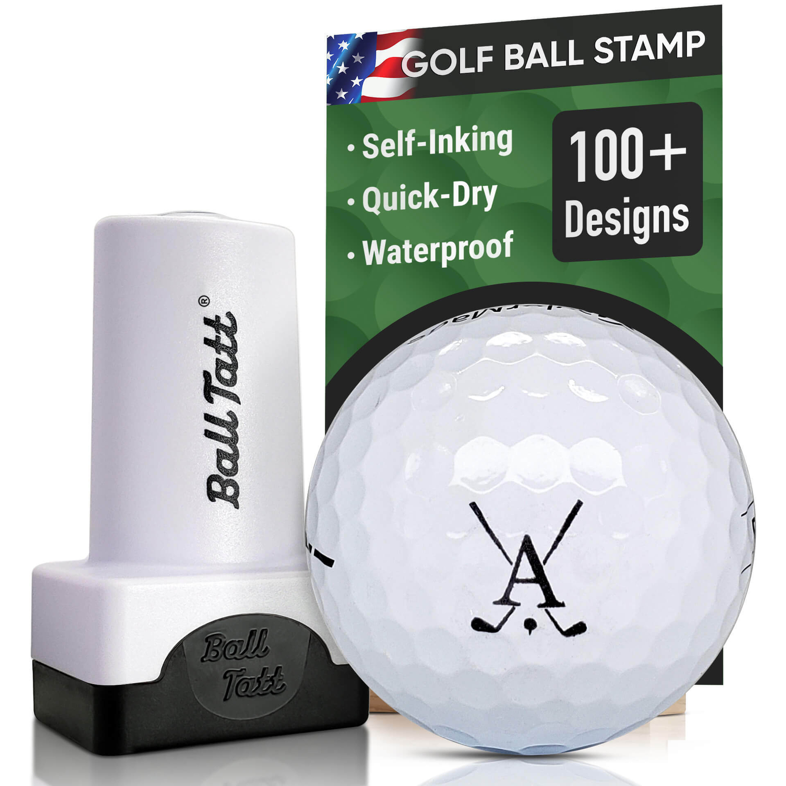 Ball Tatt - Golf Ball Stamp Self-Inking Ball Marker Monogram A Initial, Clubs