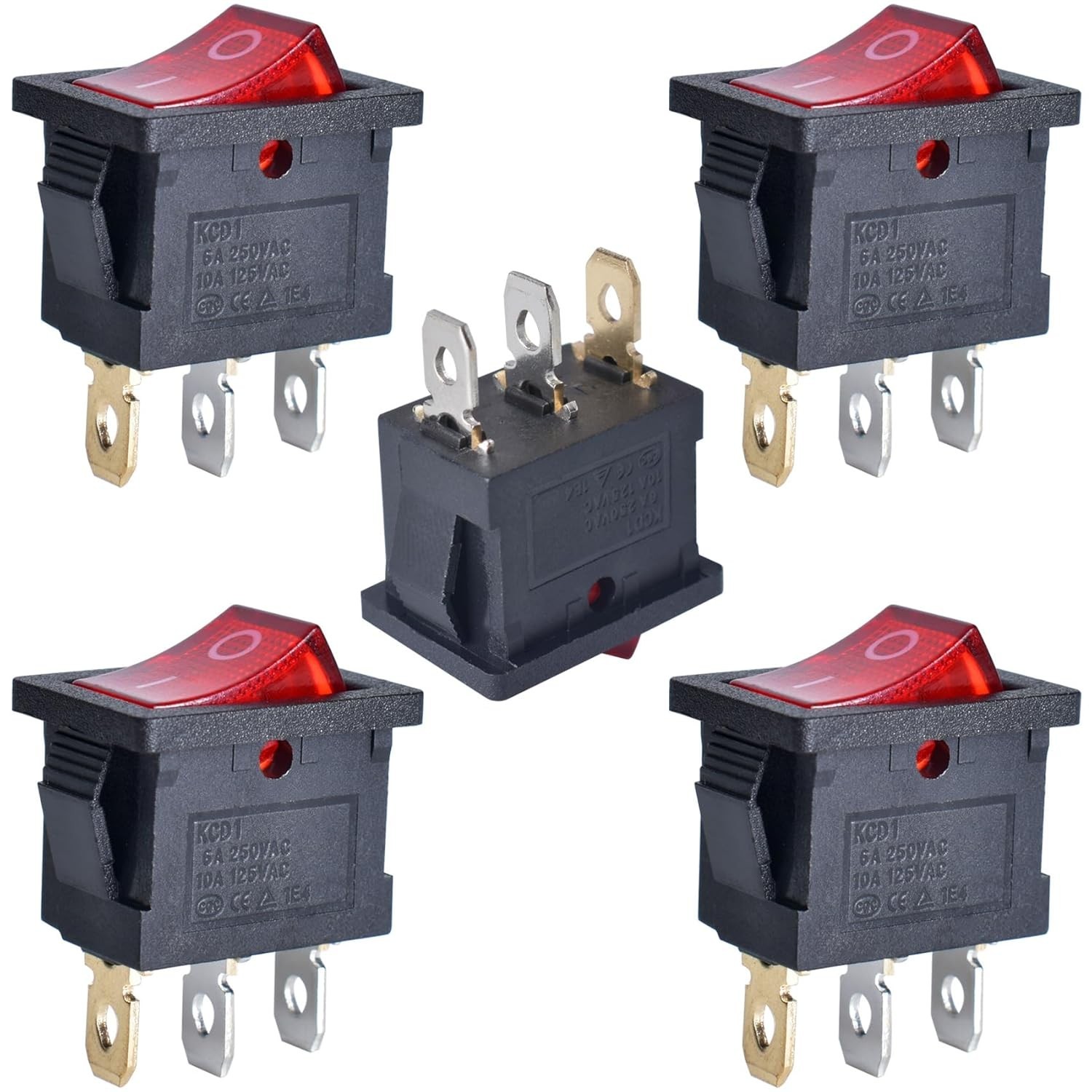 5 Pcs Red LED Boat Rocker Switch 3 Pin SPST On/Off Toggle 250V 10A Auto