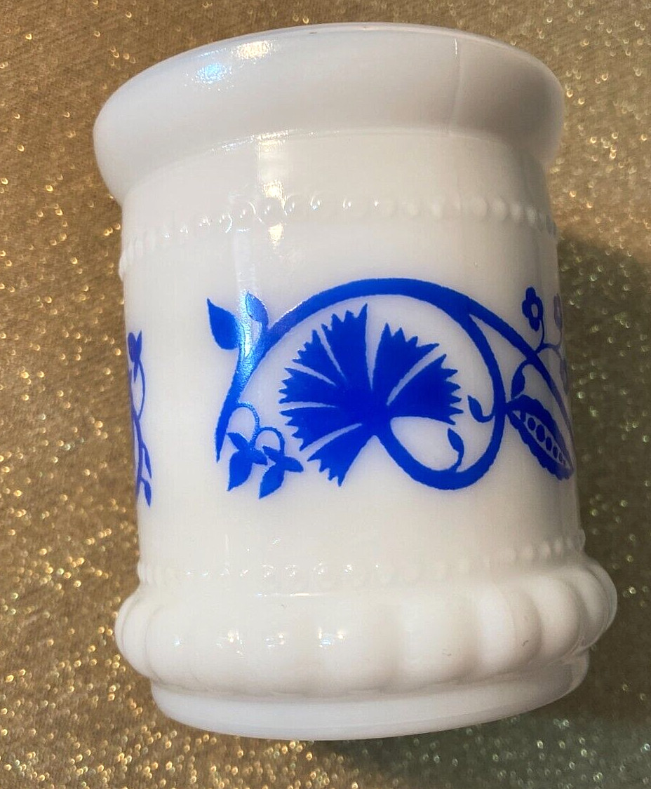 VTG Milk Glass Toothpick Holder/Jar-No Lid-Blue Cornflower Pattern-3" High-EUC