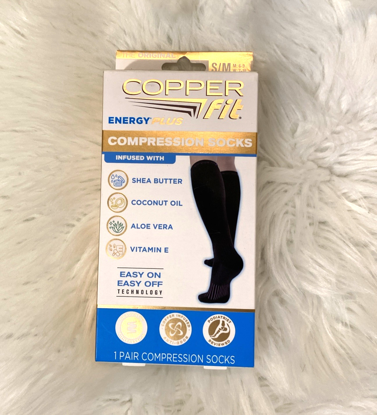 2-PackCopper Fit Compression Socks S/M M 6-9 W 7-10 Arch Support Shea Aloe