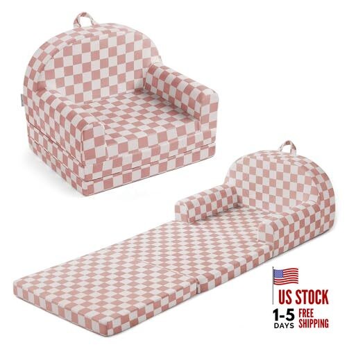 Foldable Toddler Couch, 2-in-1 Comfy Toddler Chair & Lounger Blush Checkered
