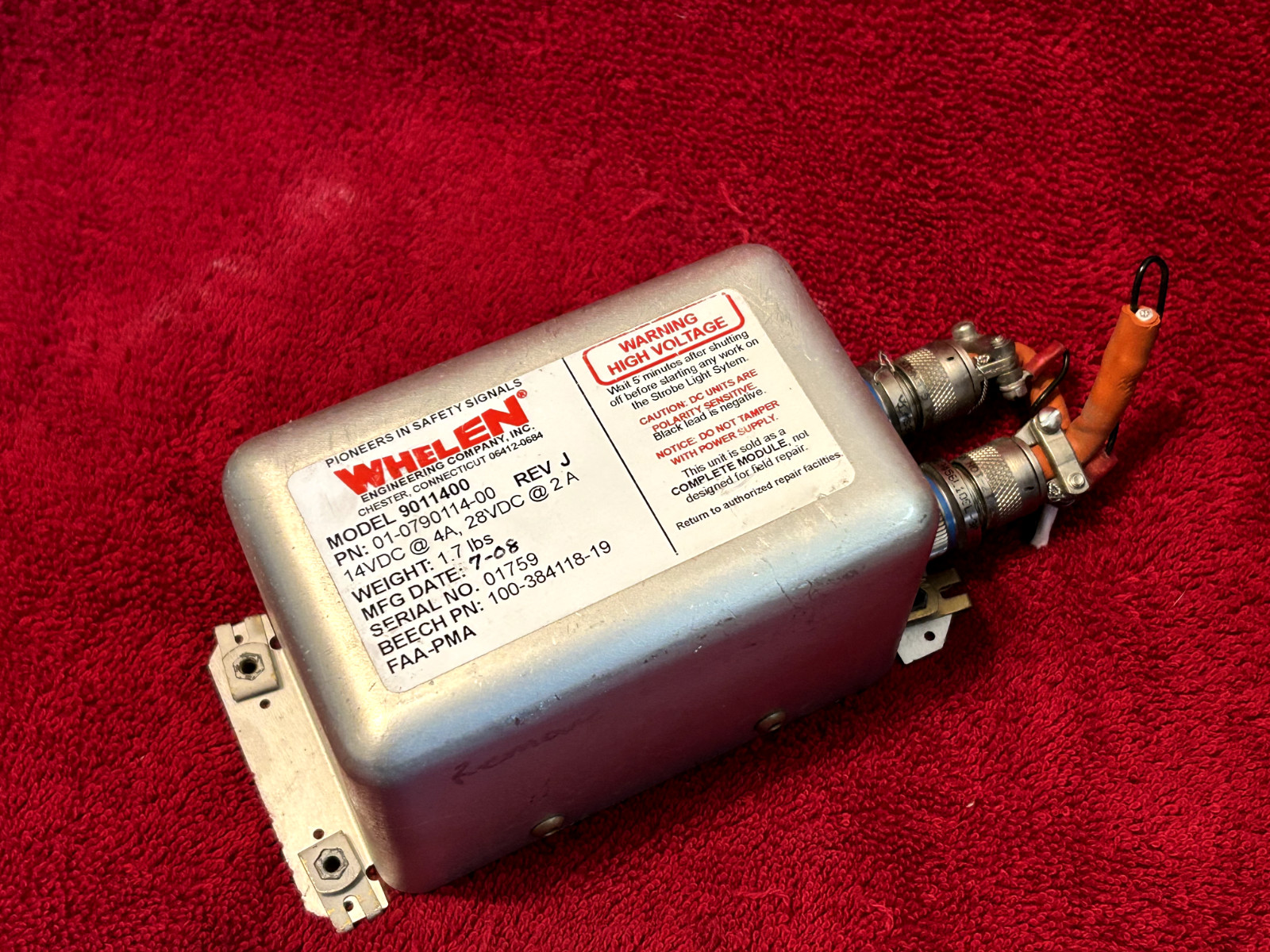 WHELEN MODEL 9011400 STROBE POWER SUPPLY 14/28V P/N 01-0790114-00 AND CONNECTORS