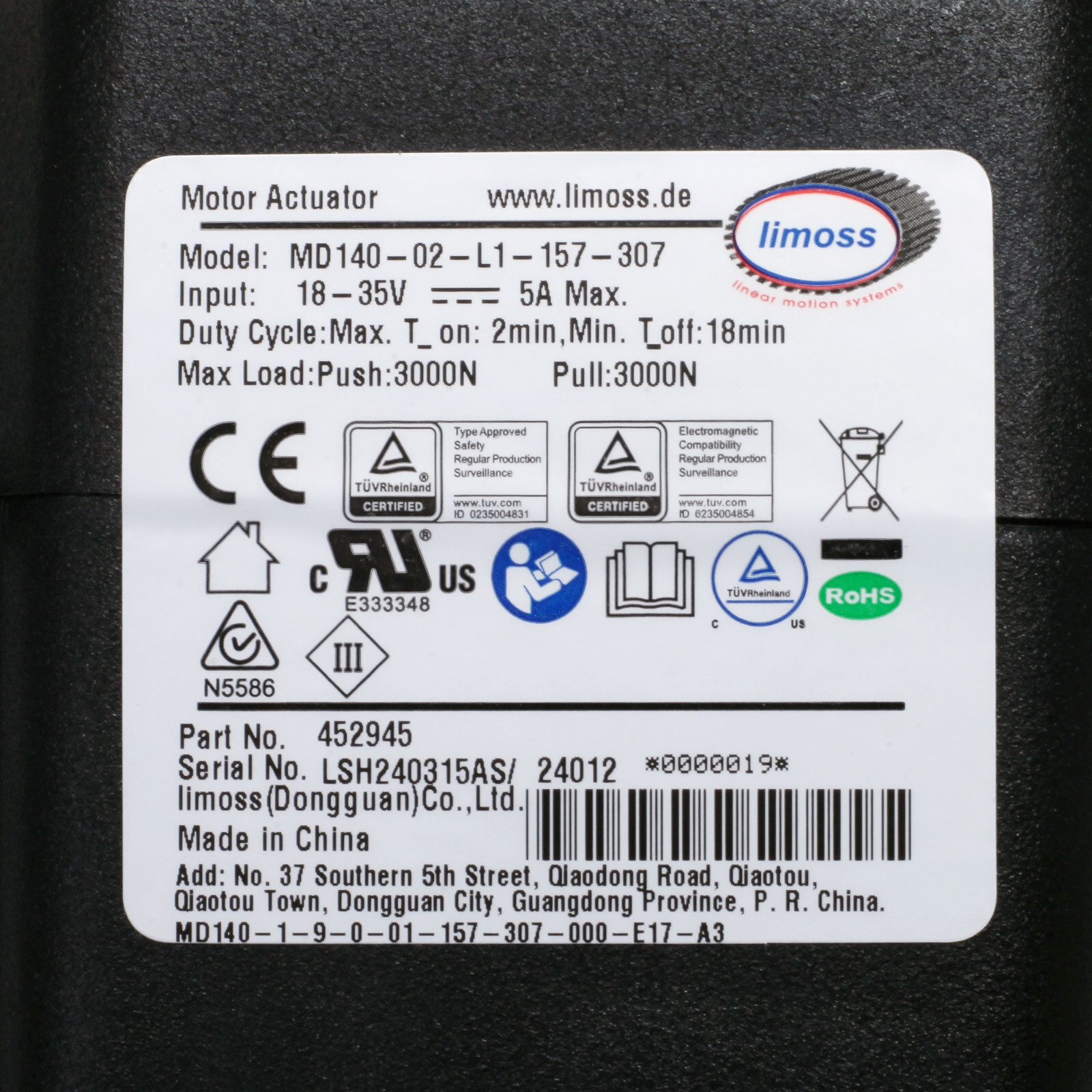 Linear Actuator Limoss 452945 Motor Model MD140-02-L1-157-307 for Recliner Chair