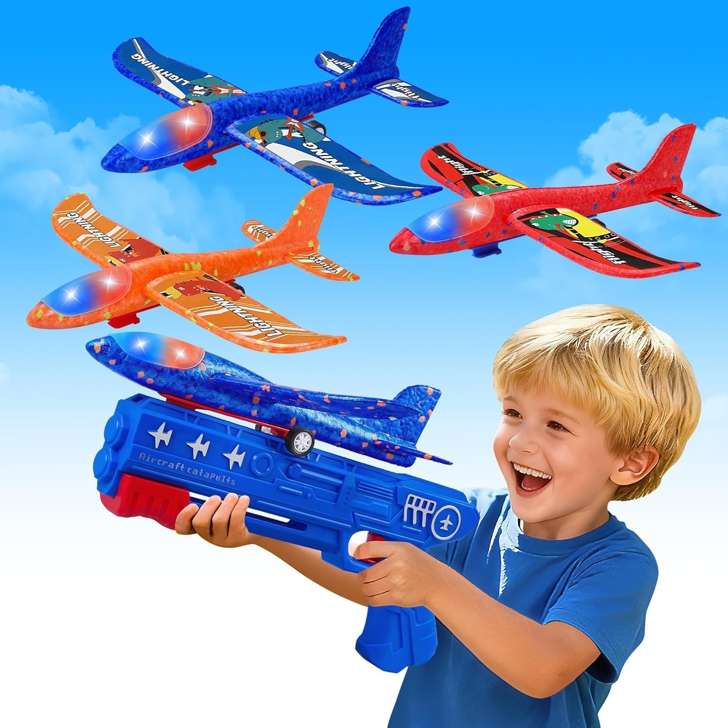 3 Pack Airplane Launcher Toys, 2 Flight Modes LED Foam Glider Catapult Plane, Ou