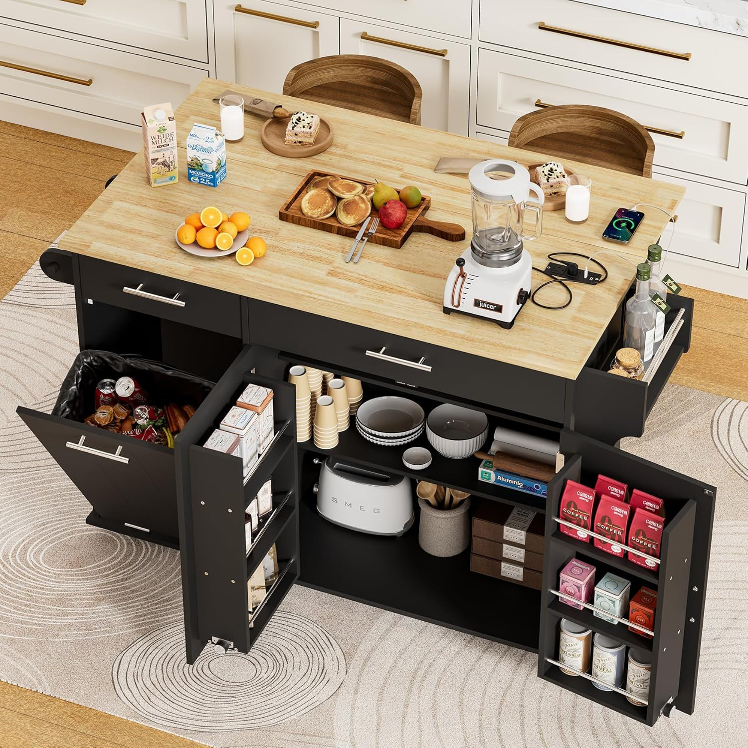 Rolling Kitchen Island with Trash Can Storage, Portable Kitchen Island Cart on W