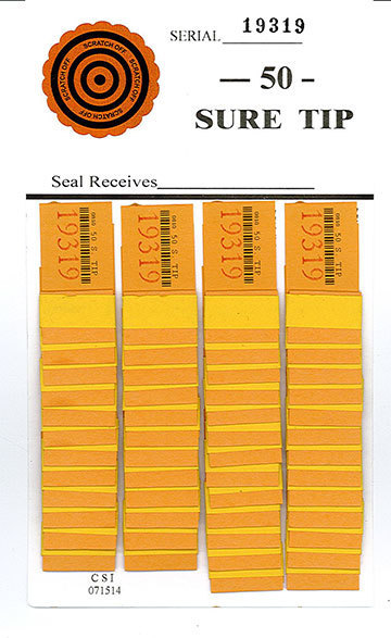 One Dozen # 50 Sure Tip Board (1-1 to 50  Raffle/Jar Tickets Free Shipping USA