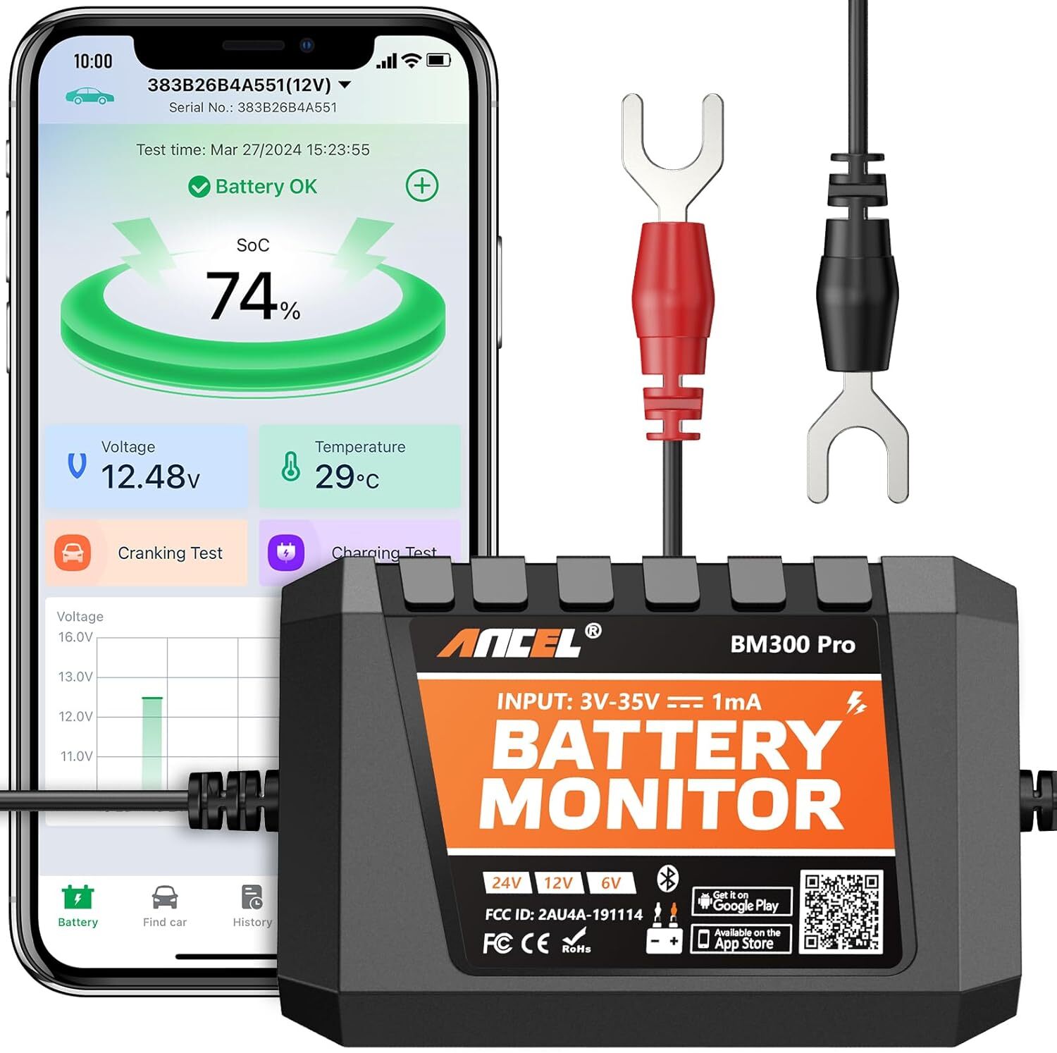 ANCEL BM300 Pro Battery Monitor 24V Battery Tester 12V SOH SOC Battery Health