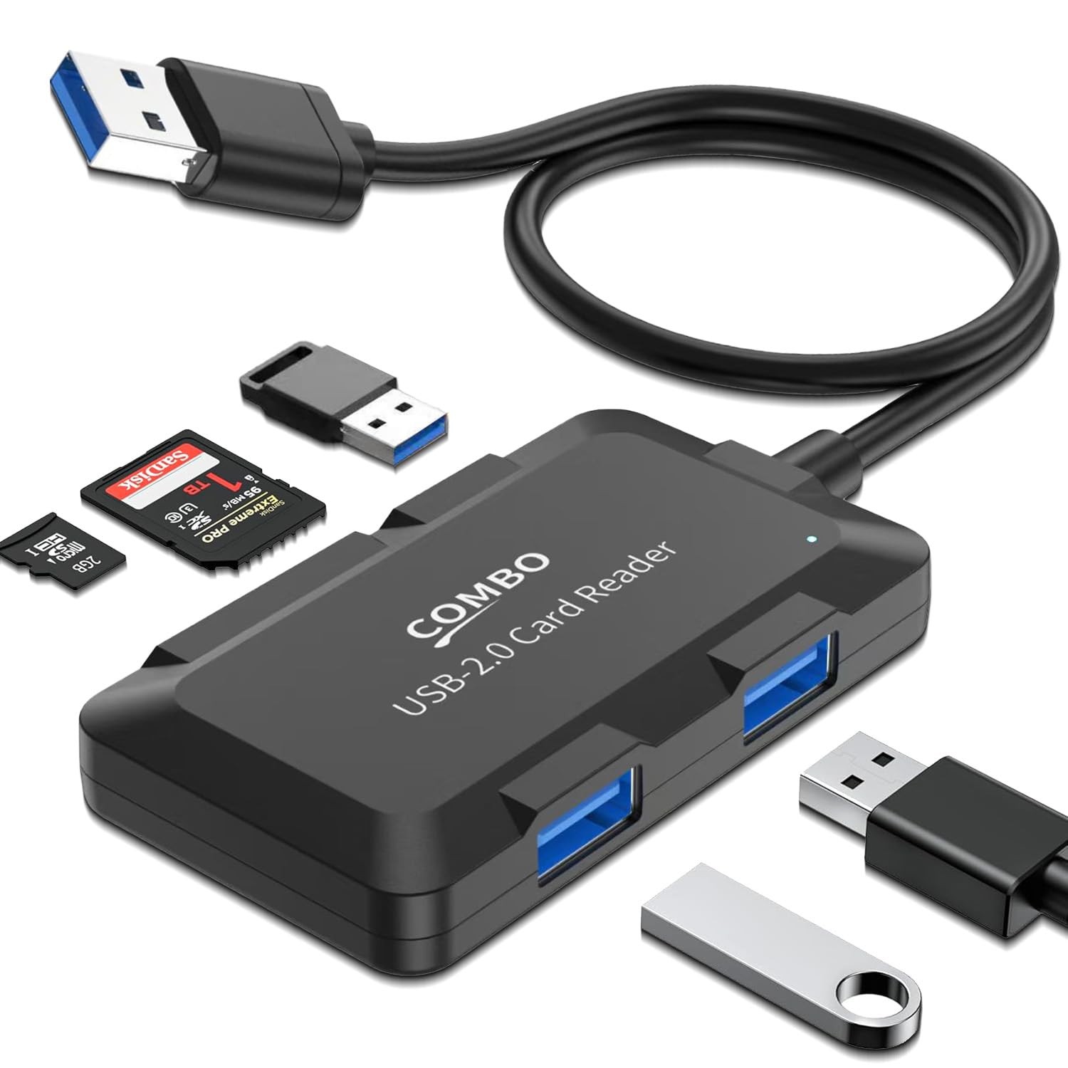 5in1 USB Hub SD/TF Card Reader Extender 3 USBA Ports Black 3.3 FT Cable