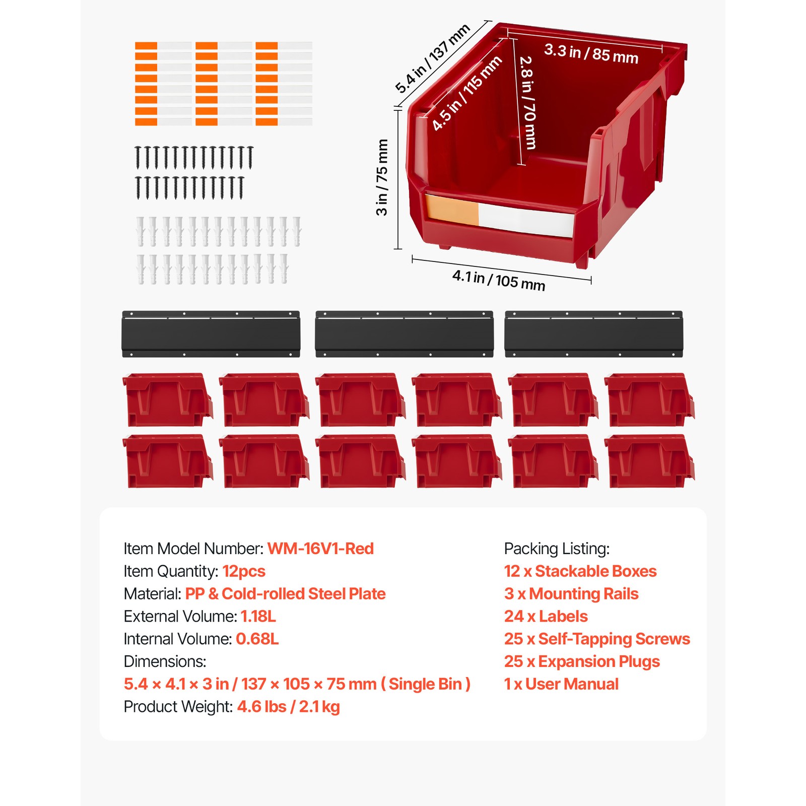 Uimoso Wall-Mounted Stackable Storage Bins, 12-Piece Set, Red