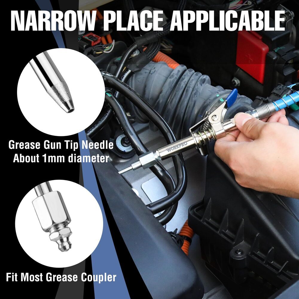 WORKPRO 3PCS Grease Gun Coupler Set Quick Release Needle Tip 12" Grease Gun Hose