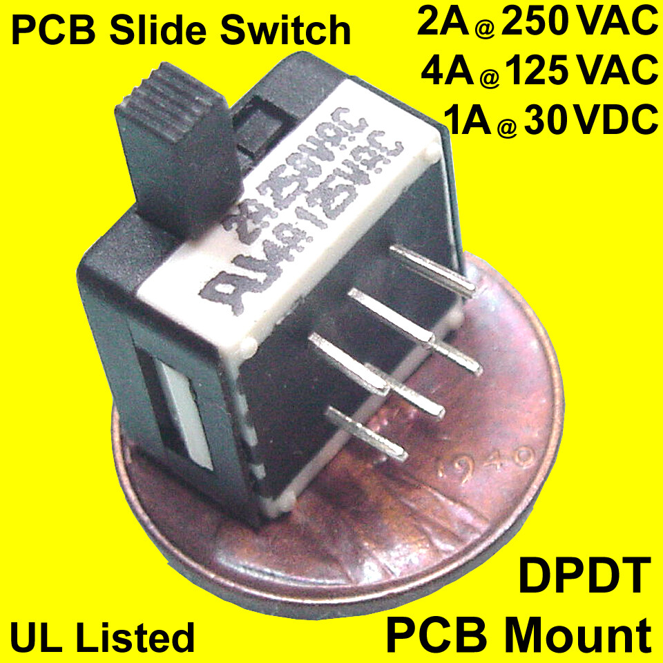 (50) Miniature DPDT Right-Angle PCB Slide-Switch, 4 Amps at 125 VAC, UL Approved