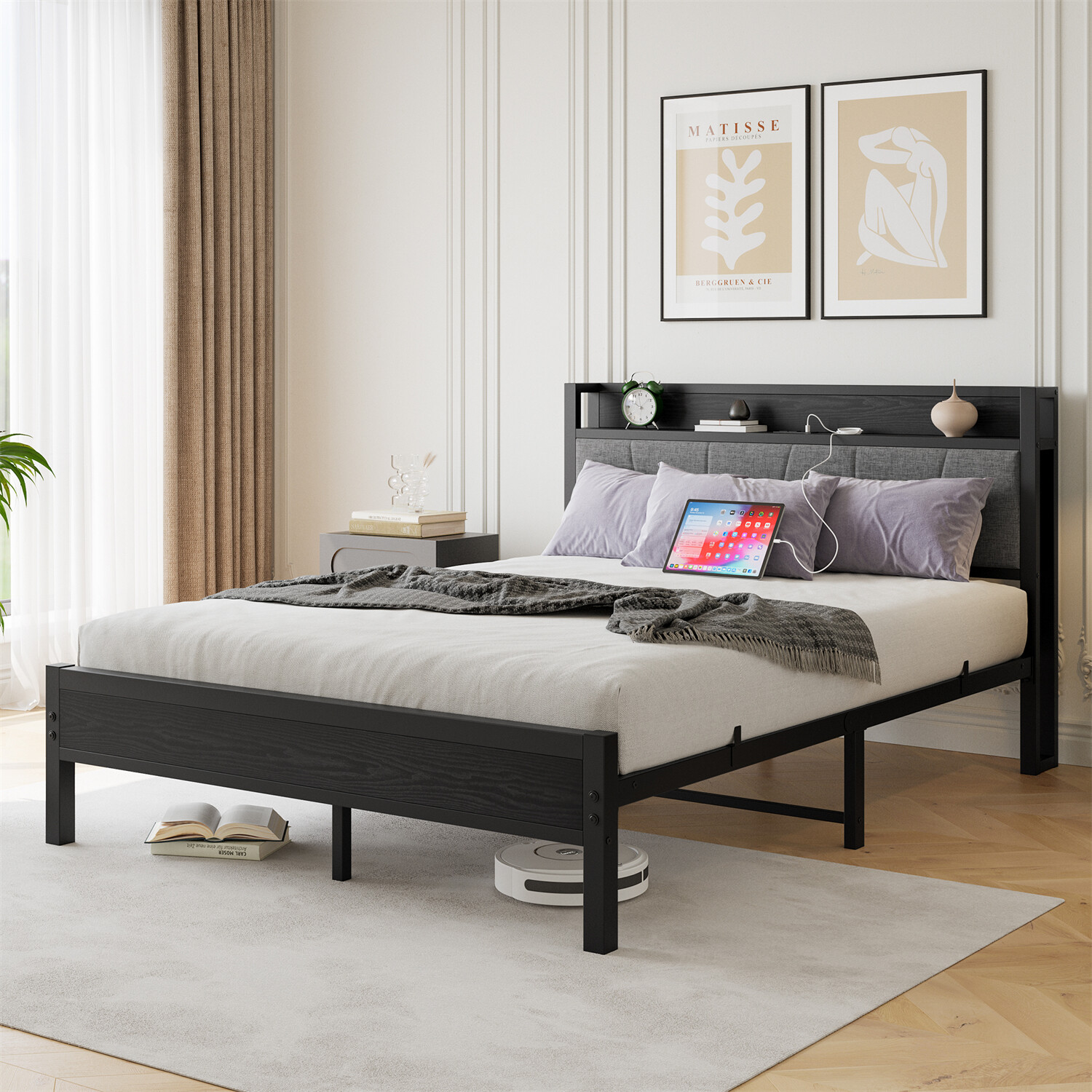 Queen Size Bed Frame Metal Platform Bed w/ Storage Headboard & Charging Station