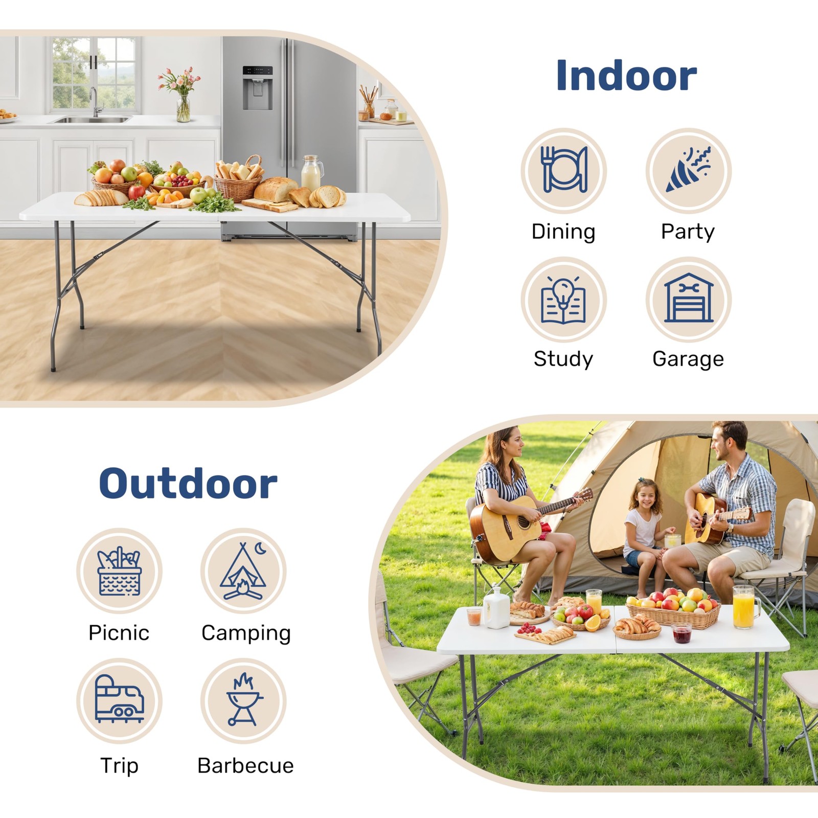 Portable Folding Table (6 ft) with Handles - Ideal for Camping, Parties & More!