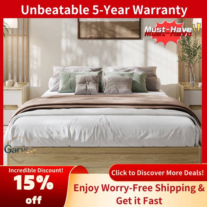 Wooden Bed Frame Full No Headboard Burlywood Platform Wood Slat Easy Assembly