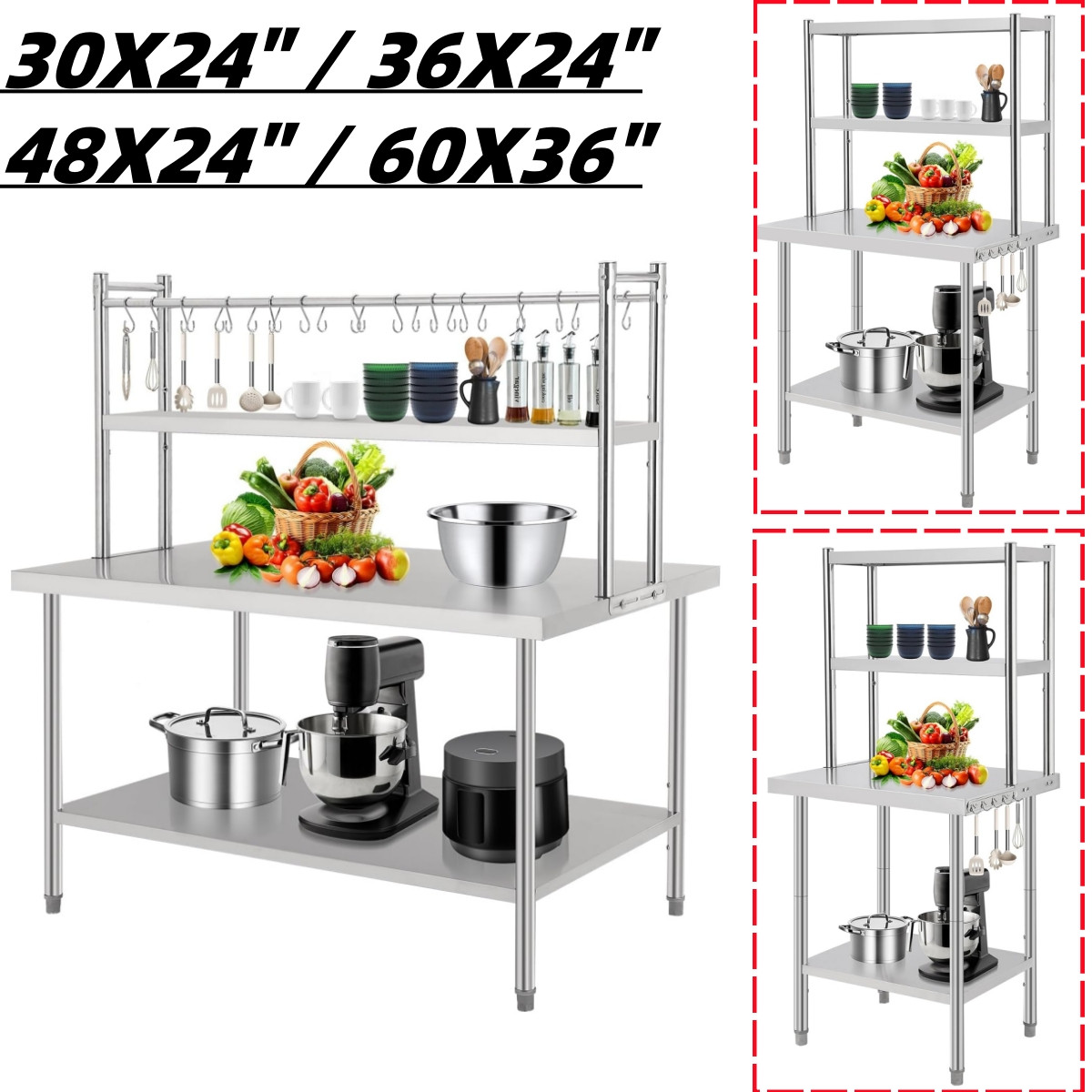 Stainless Steel Work Table Kitchen Prep Metal Worktable Adjustable Shelf & Hooks