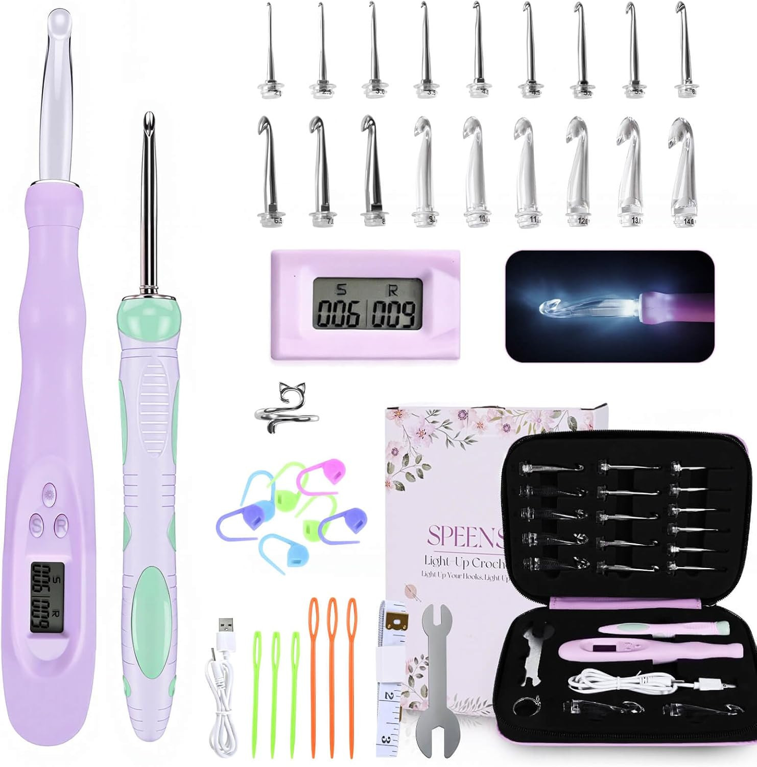 SPEENSUN Light Up Crochet Hook Set with Stitch/Row Counter, 18 Replaceable Heads