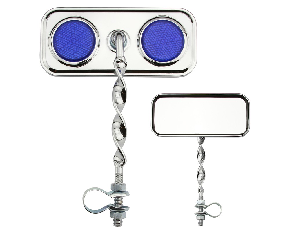 Bike Two Rectangle Flat Twisted Mirror Chrome Blue Reflectors.