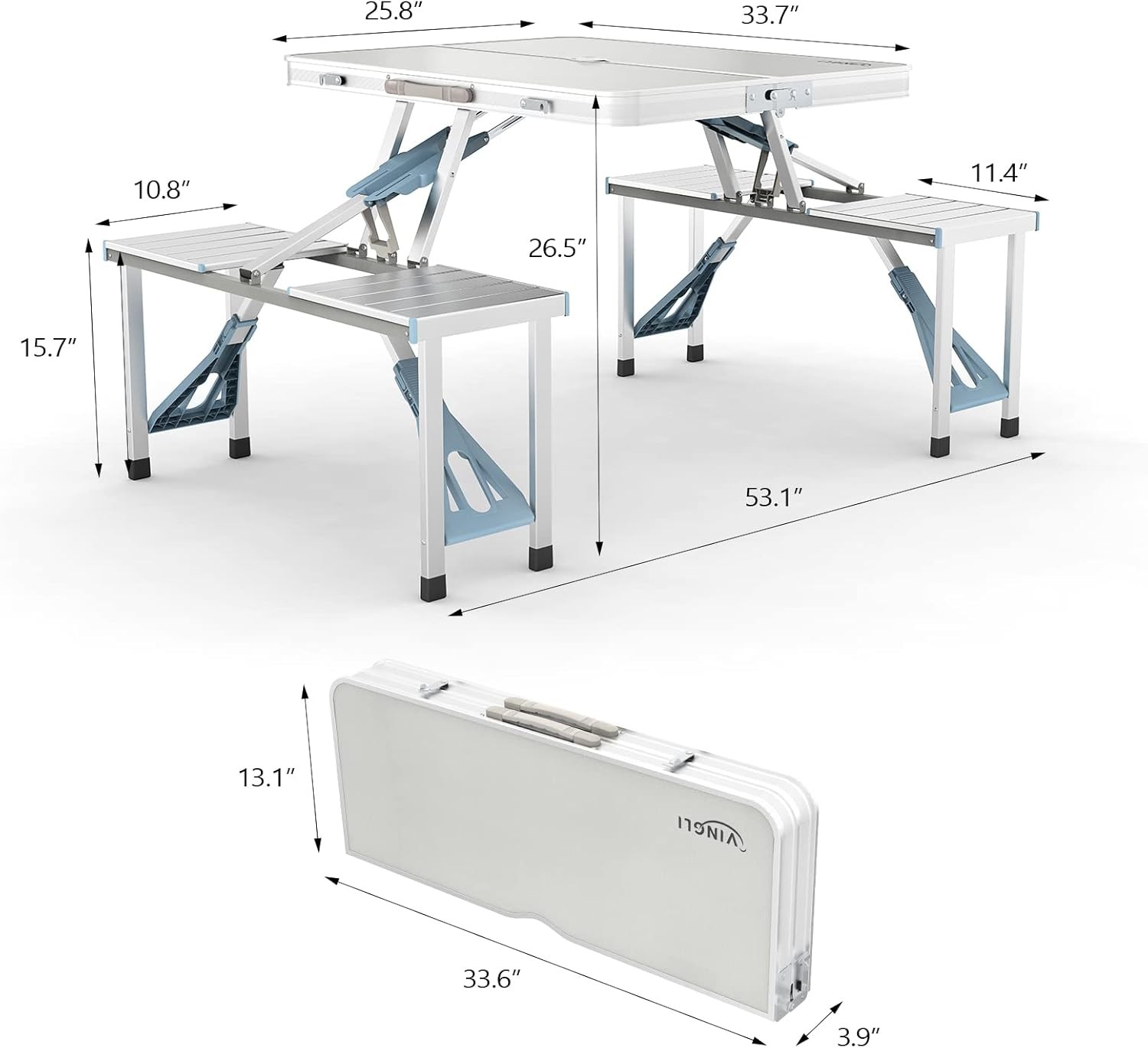 4Ft Folding Camping Picnic Table with Seats/Umbrella Hole-265 Lbs Support, White
