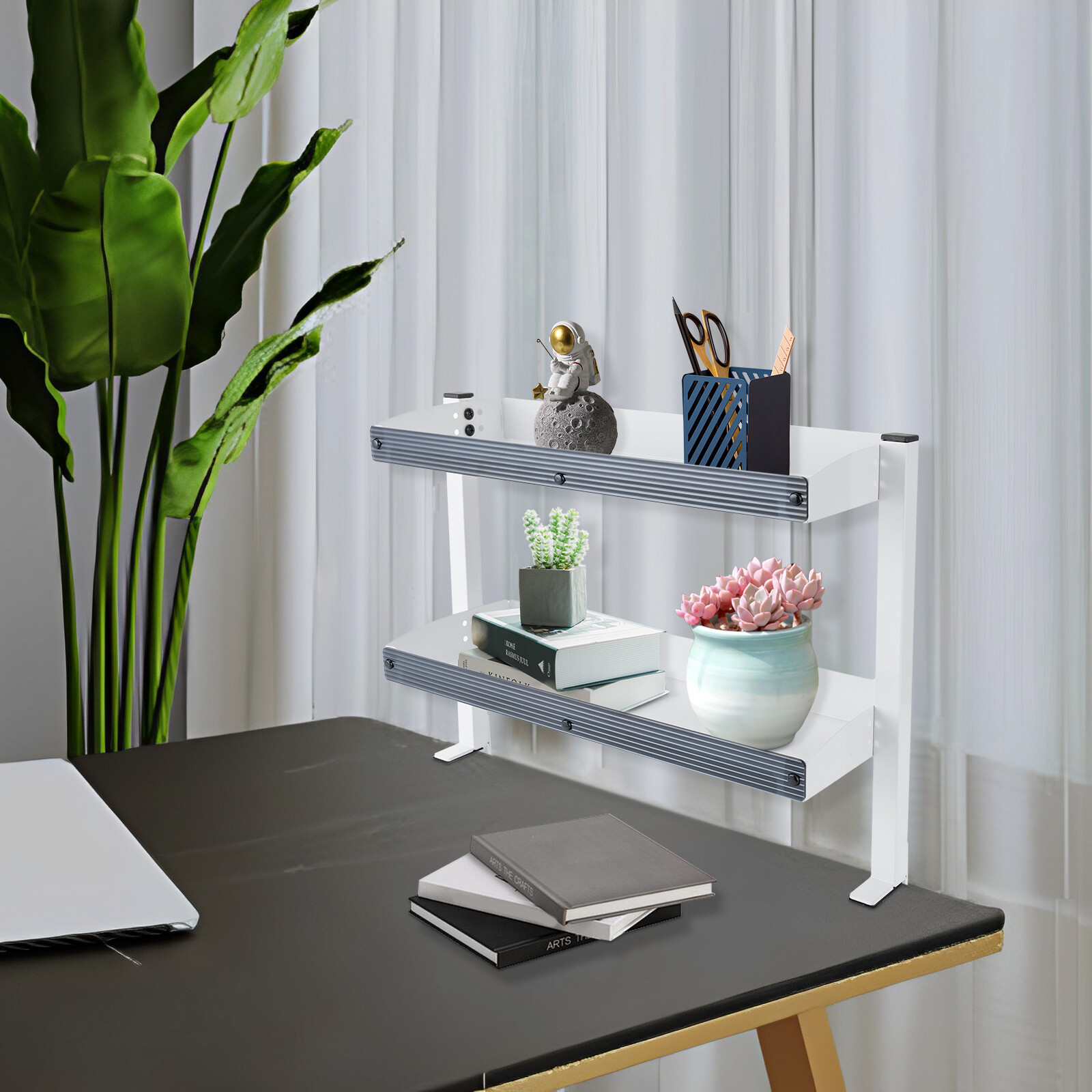 2-Tier Shelving with Adjustable Storage,White Storage Tray,for Living Rooms