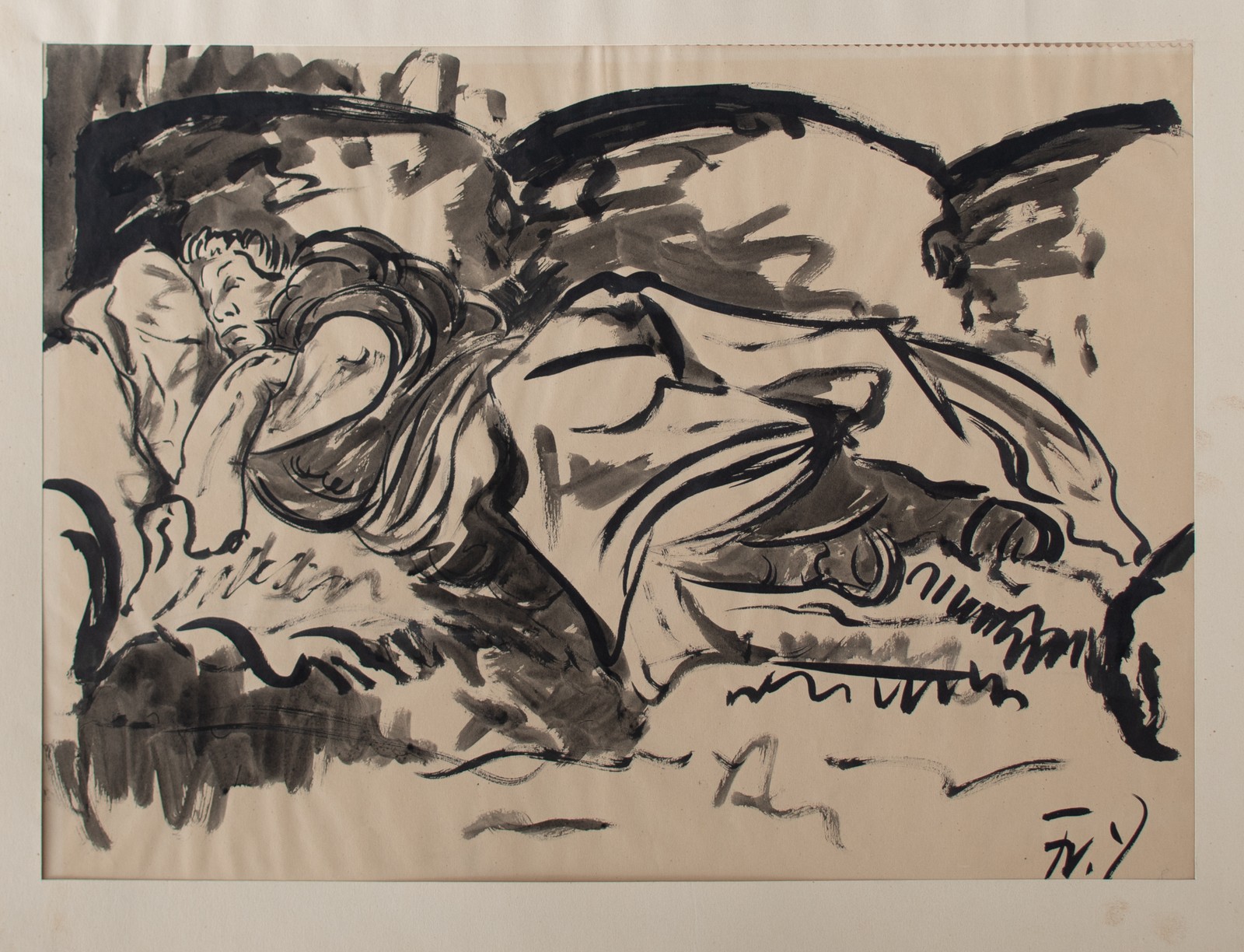 Fritz Zalisz Chef's Nap Signed Ink Drawing 1930s