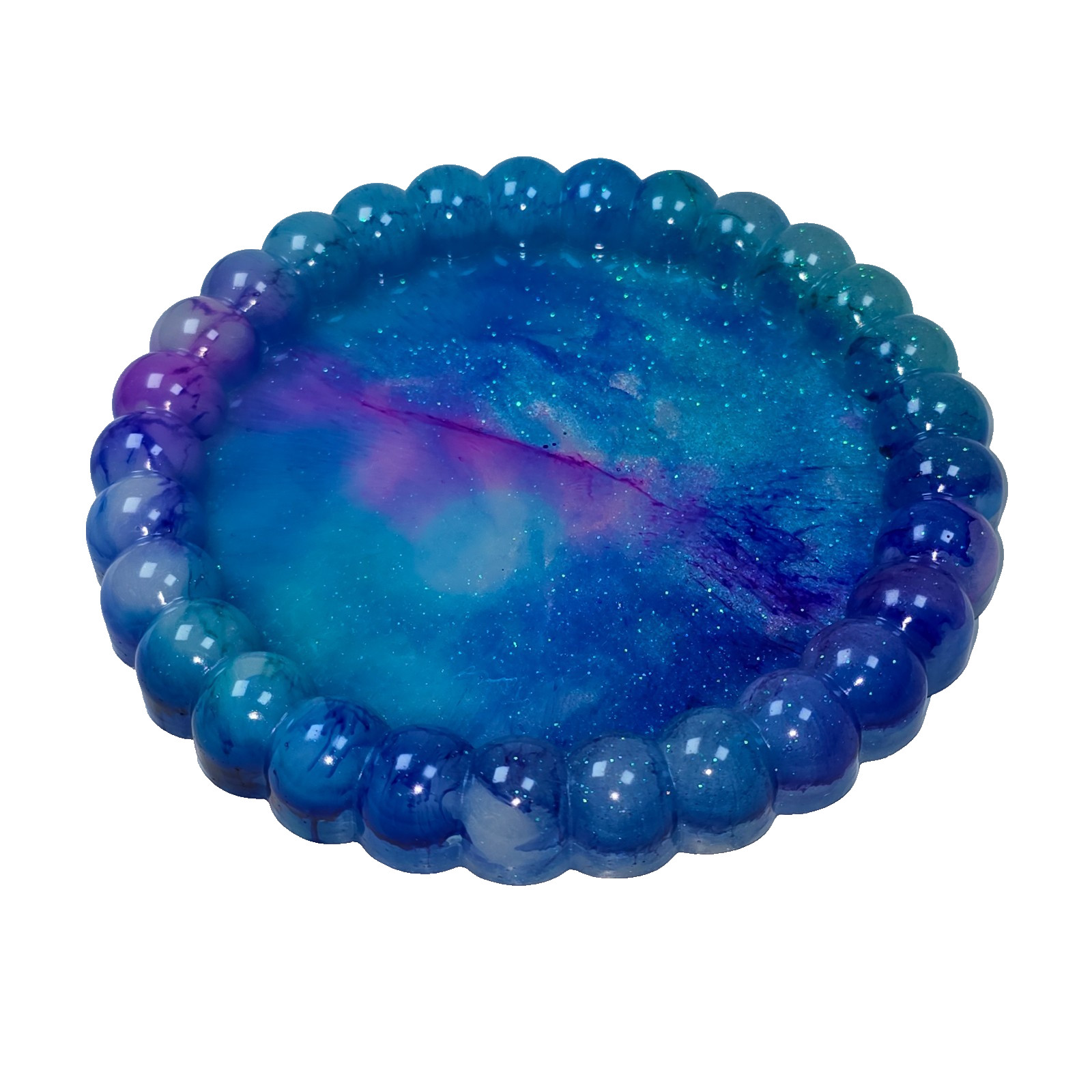 Handmade Resin Trinket Dish 5” Round Galaxy Blue Purple Glitter Bubble Rim Art