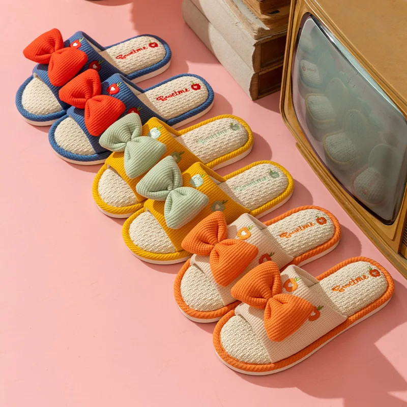 Women's Summer Linen Slippers Cartoon Bow Multicolor Cute Anti-Slip Home Shoes