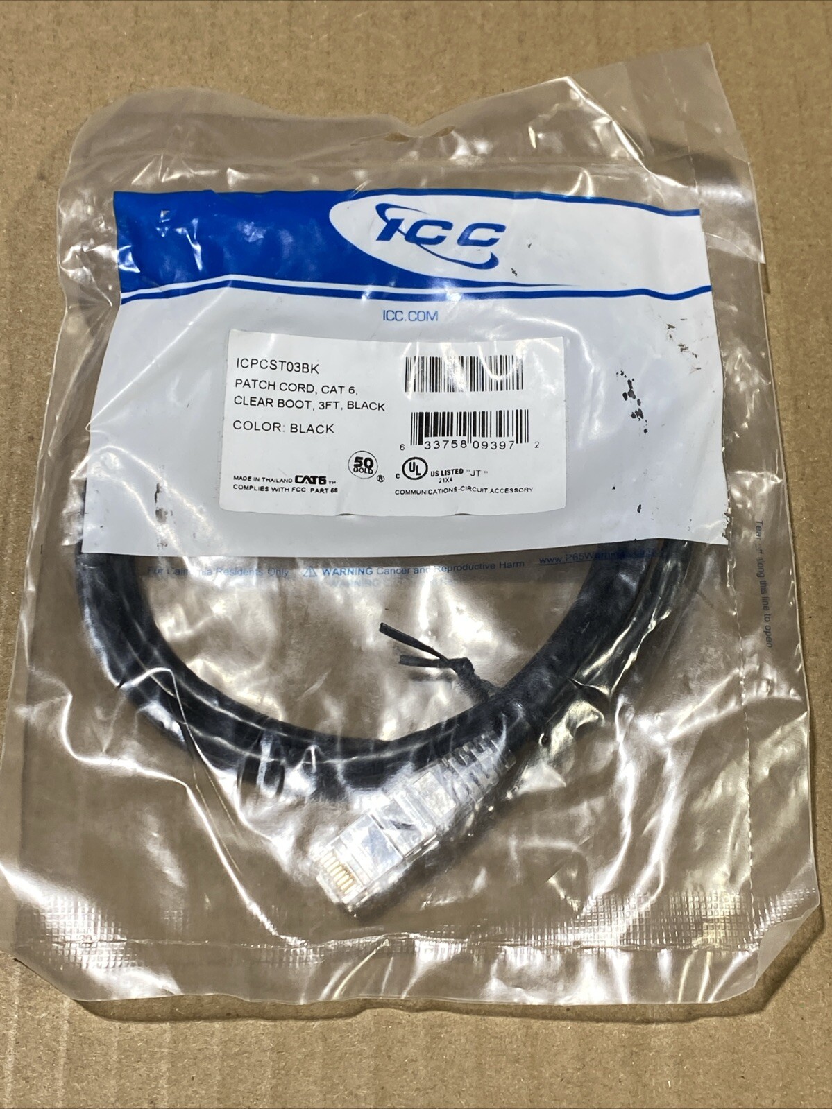 ICC ICPCST03BK Patch Cord, Cat6 Clear Boot 3Ft Black New