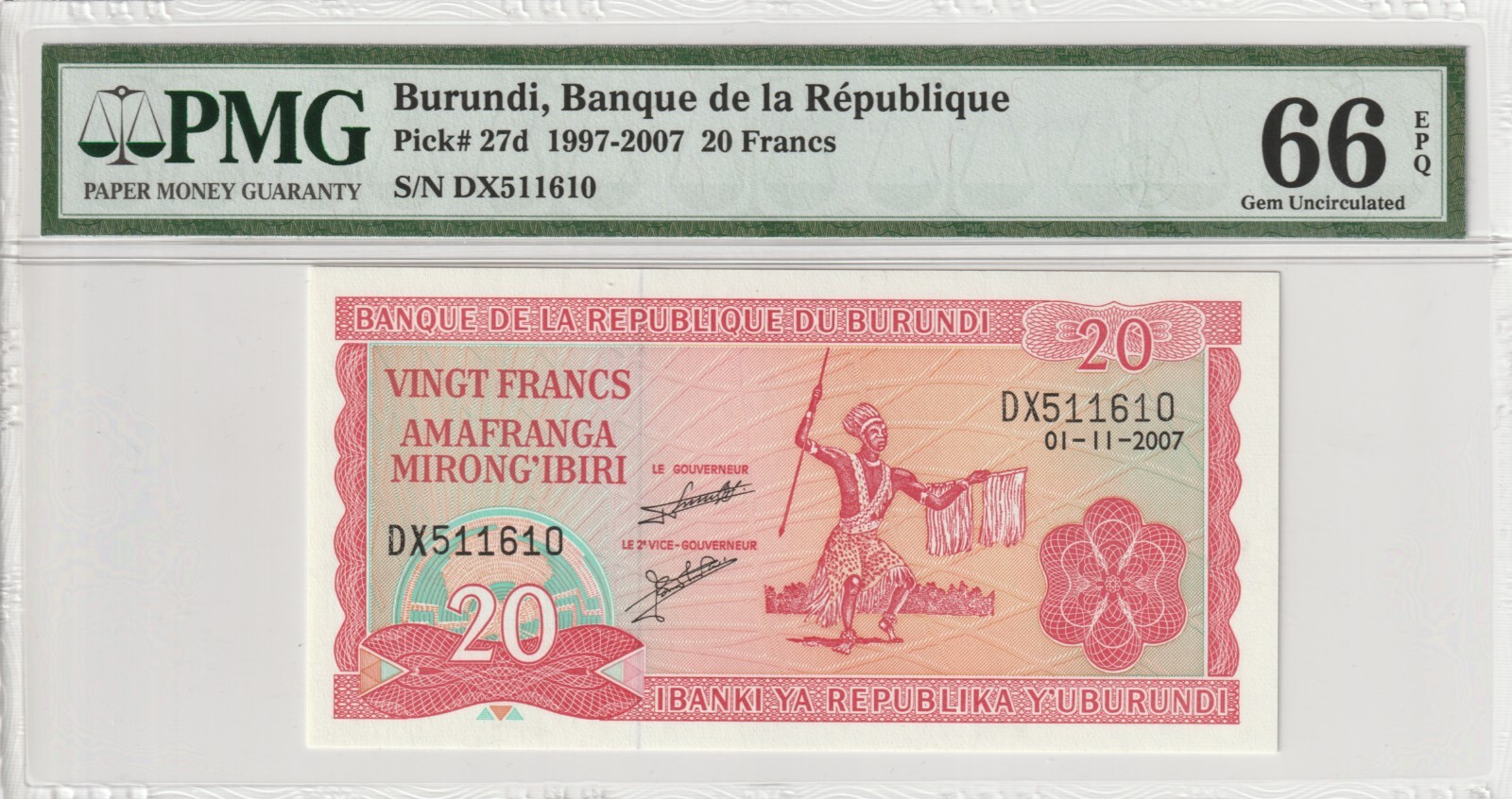 Burundi 1997 2007 20 Francs PMG Certified Banknote UNC 66 EPQ Pick 27d