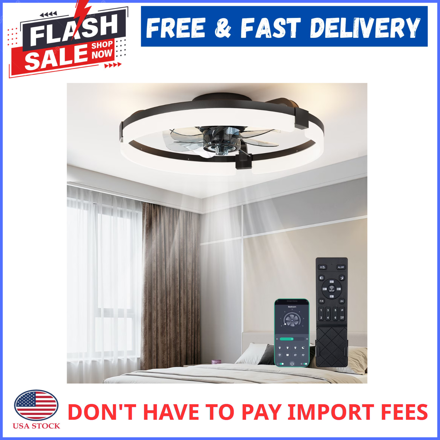 CONCETTA 19in Low Profile Flush Mount Ceiling Fan Dimmable LED Light Remote App