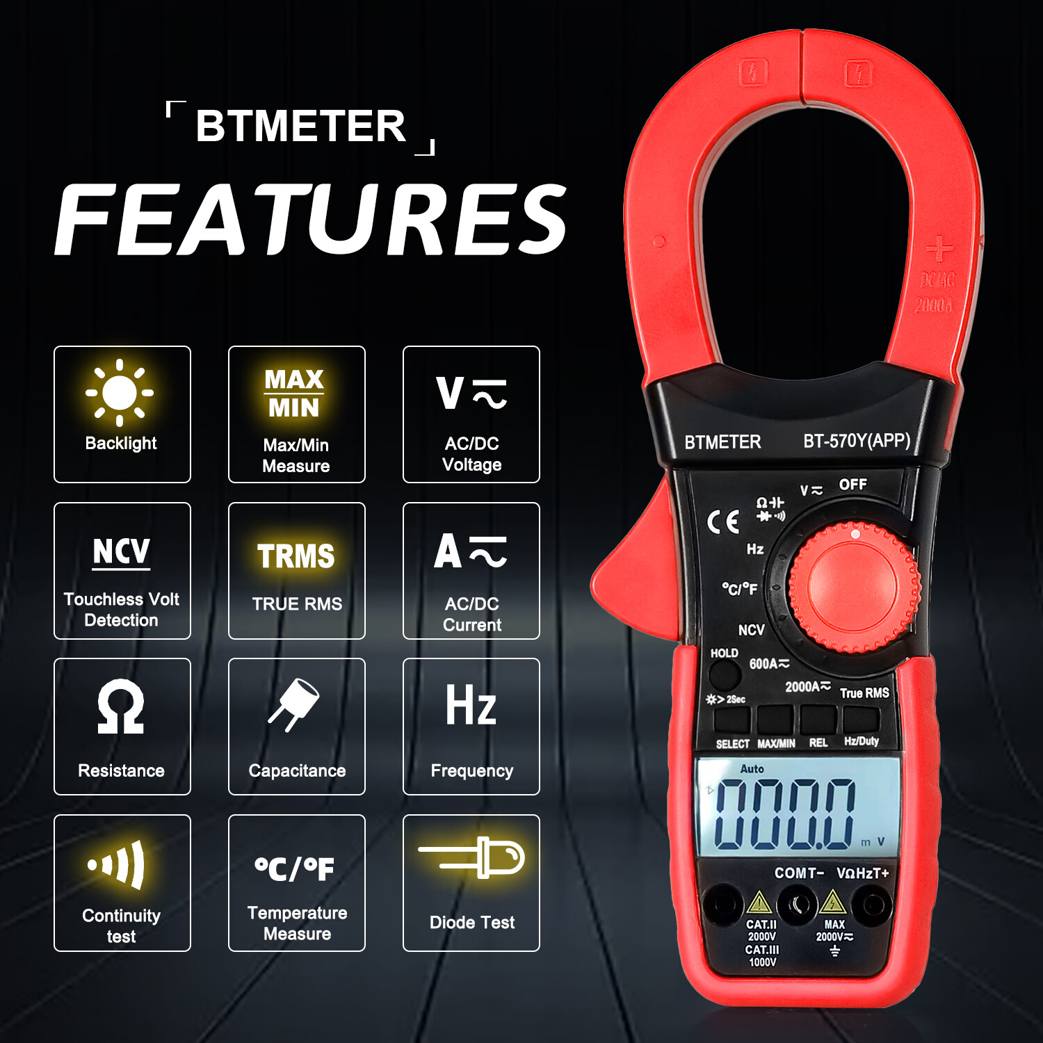 Clamp Meter Multimeter True RMS 2000A 2000V 60MΩ 6000C NCV Bluetooth APP