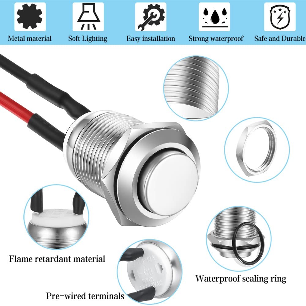 Gebildet 3 Pcs 12mm Prewired High Head Waterproof Push Button SS-Latching