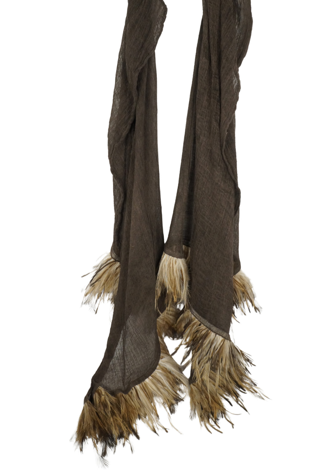 $600 NWT CLAUDIO CUTULI Brown Gauze w Feathers Scarf Made in Italy 80"X 37"