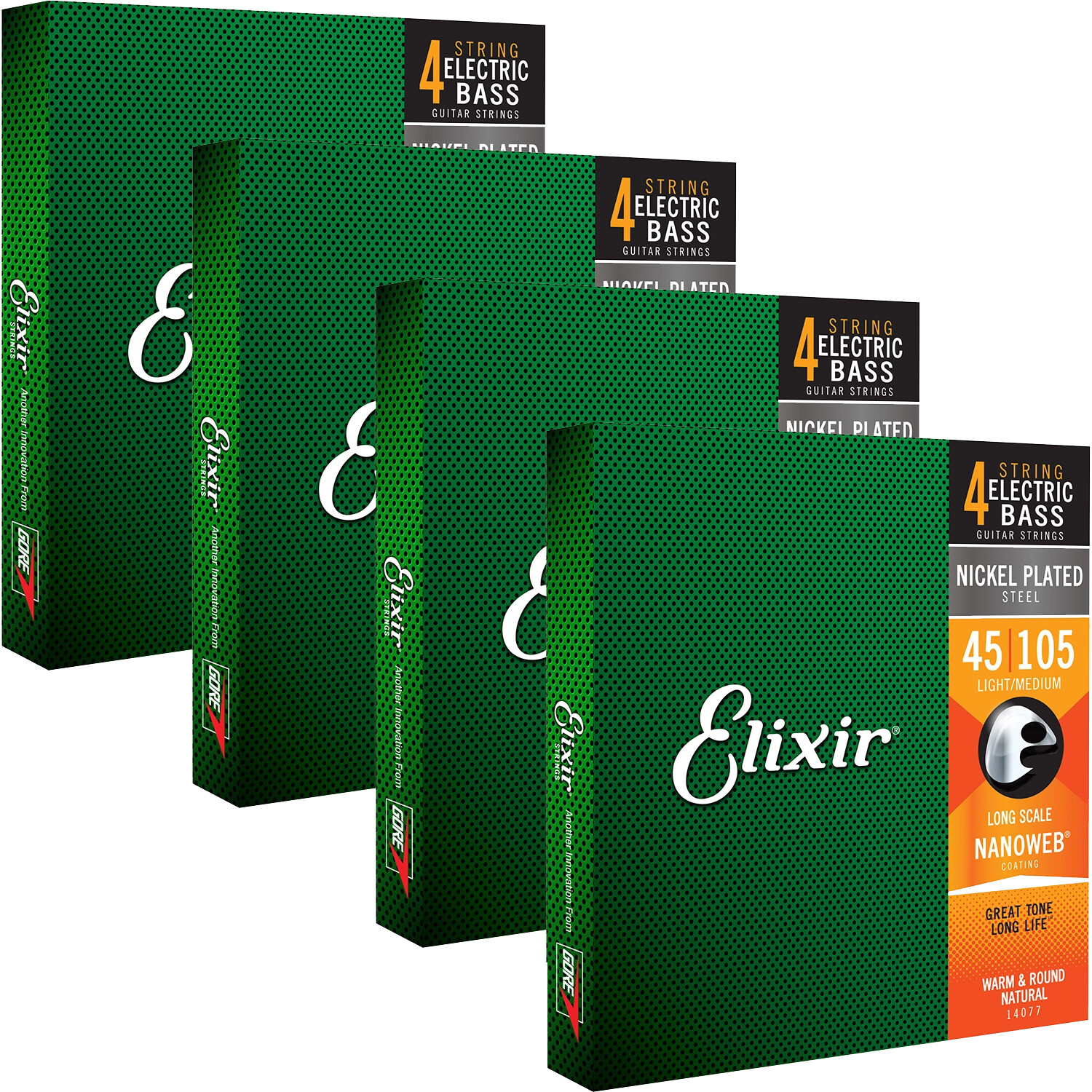4 Sets Elixir 14077 NANOWEB Medium 4-String Electric Bass Strings- 45-105