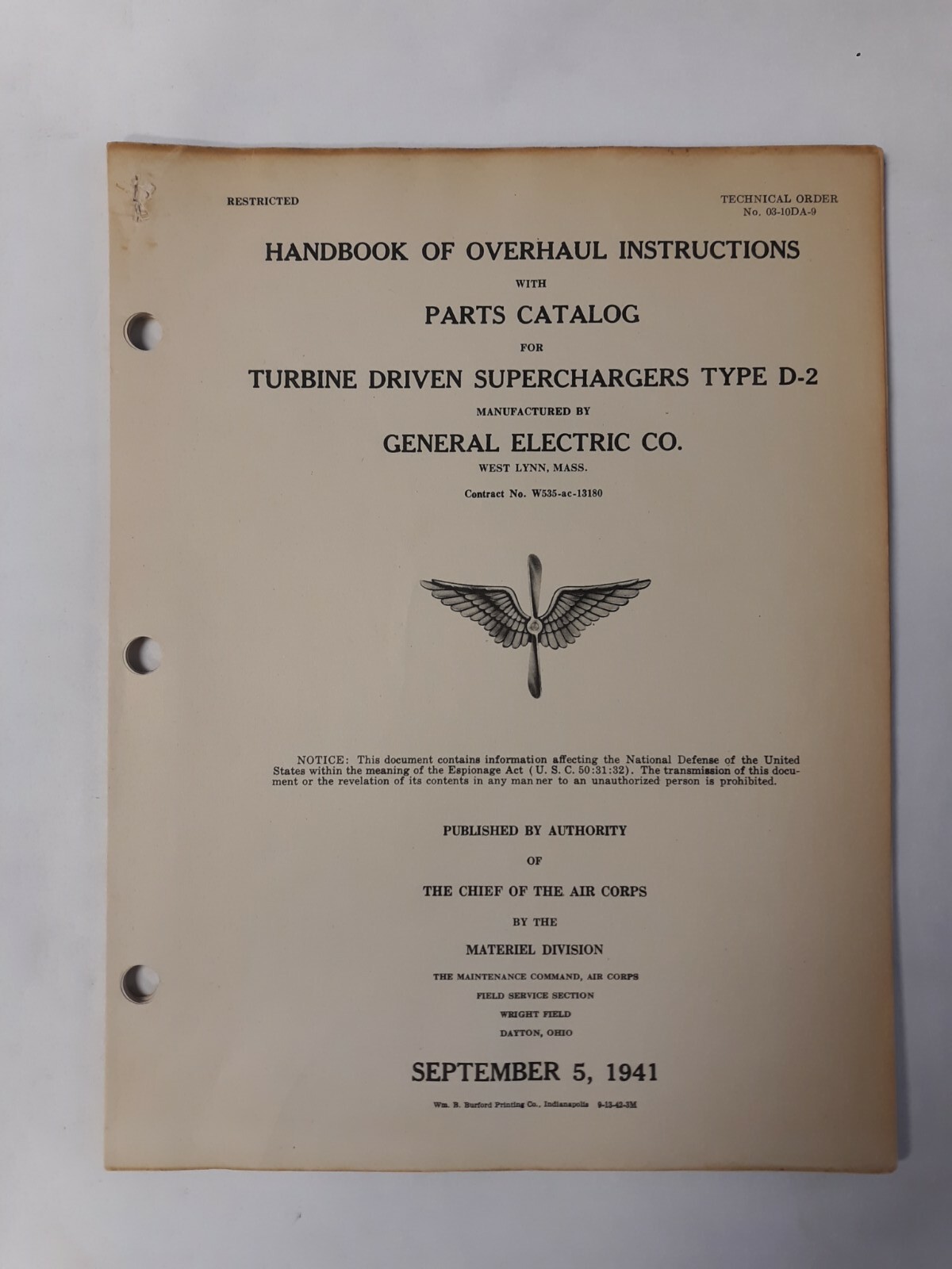 General Electric Turbine Driven Superchargers Type D-2 Overhaul & Parts Original