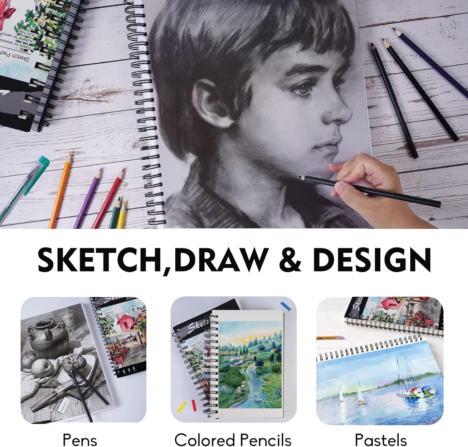 5.5" x 8.5" Sketch Book Set Spiral Bound, Pack of 2, 100 Sheets per Book (68 ...