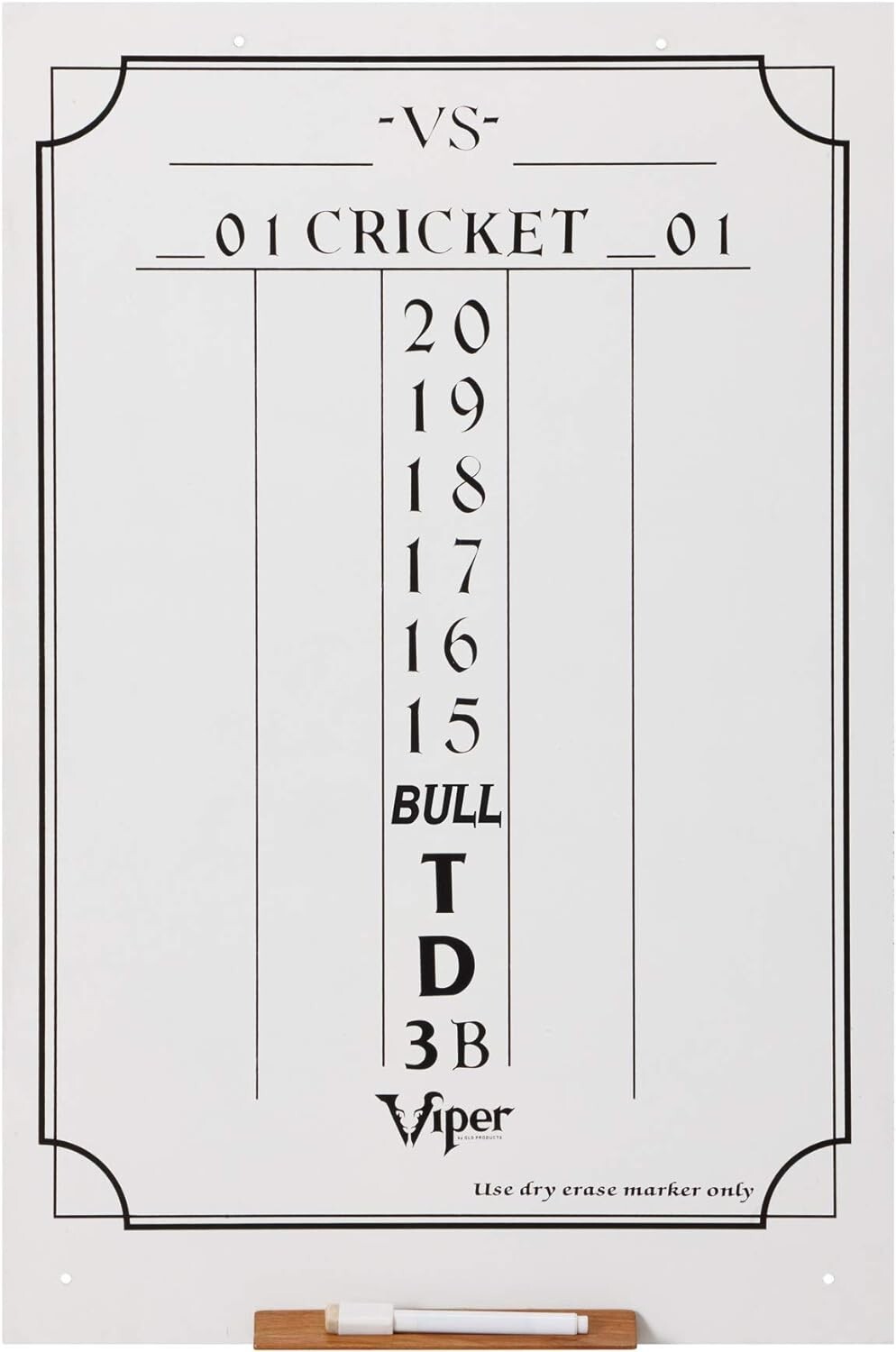 Viper Dry Erase Scoreboard, Cricket and 01 Dart Games, White, 23.5" H x 15.5" W