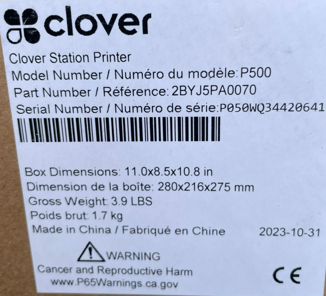 Clover Station System C500 / P500 / H505- Display Terminal Printer
