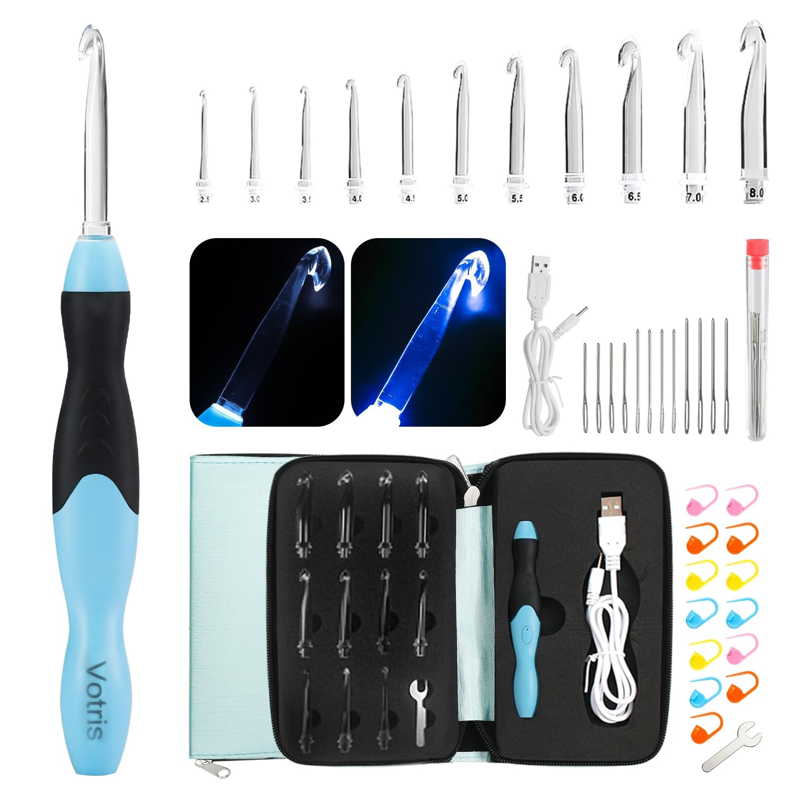 Light up Crochet Hook Set - 11 in 1 Lighted Crochet Hook Set for Beginners, E...
