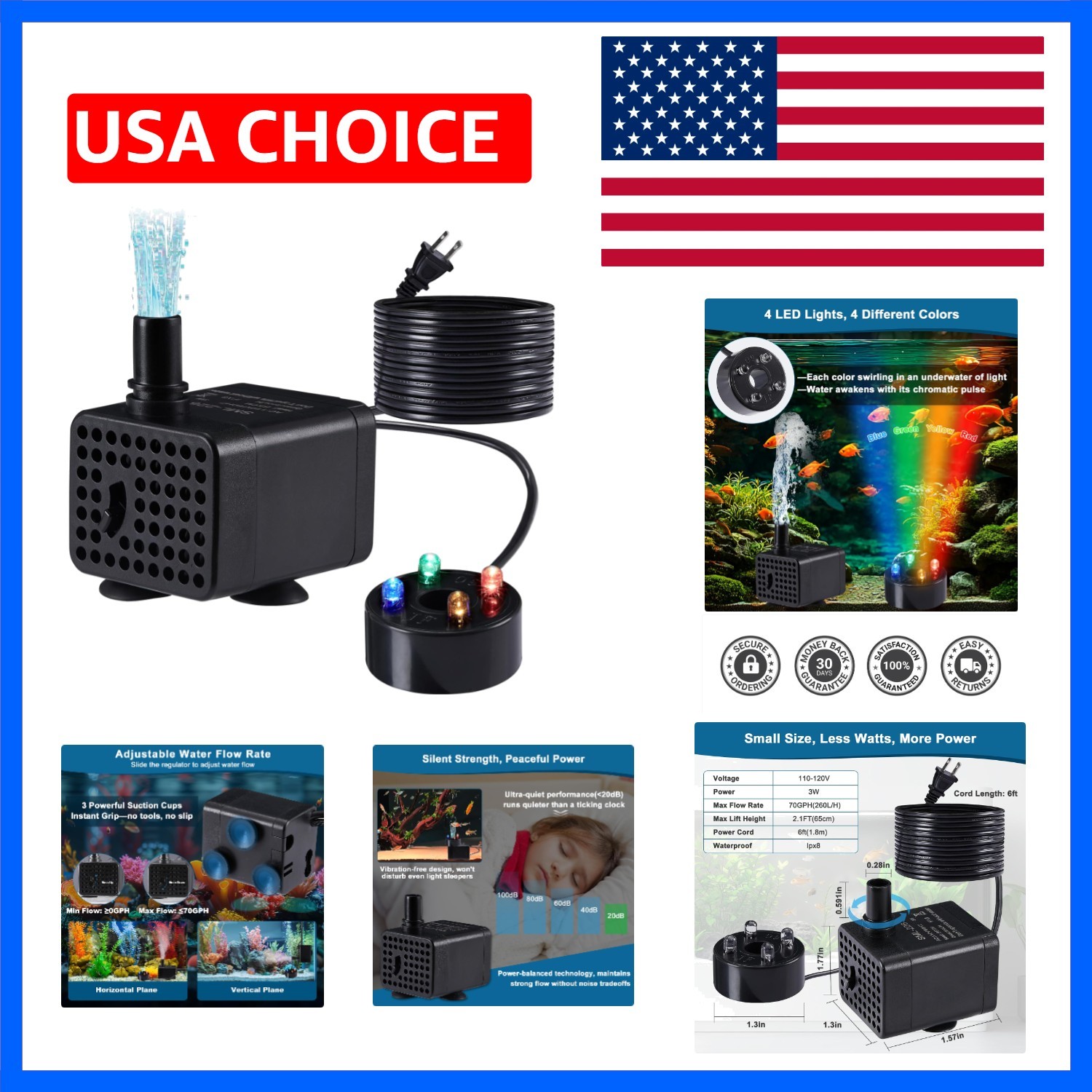 70GPH Mini Submersible Fountain Pump with LED Lights260L/H, 3W, Ultra Quiet A...