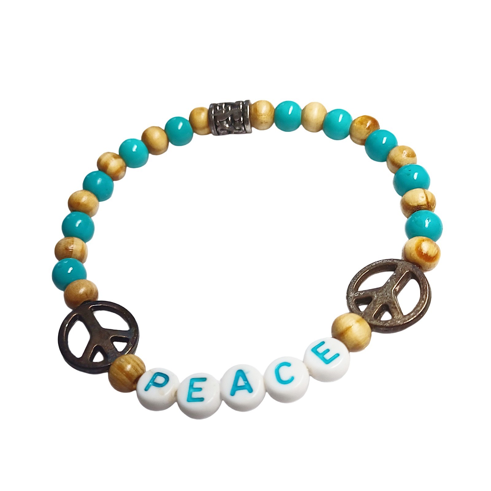 Fashionable Chic Teal and Wood Beaded Peace Bracelet