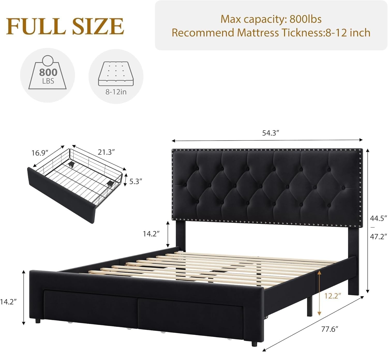 Full Size Bed Frame ,Velvet Upholstered Platform Bed Frame w/ 2 Storage Drawer