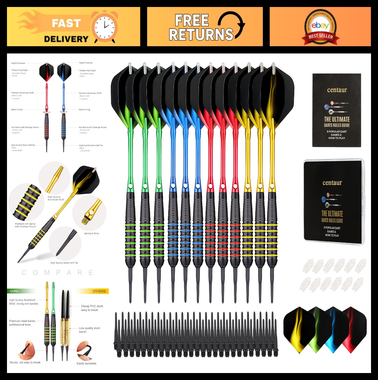 12 Pack Soft Tip Darts Set - 18g Plastic Tips, 100 Tips, 16 Flights, Case, 4 Col