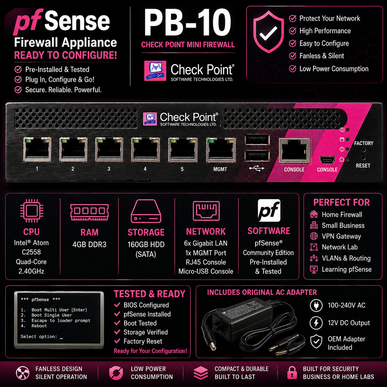pfSense Firewall Appliance Ready to Configure | Check Point PB-10 | 4GB 160GB OE