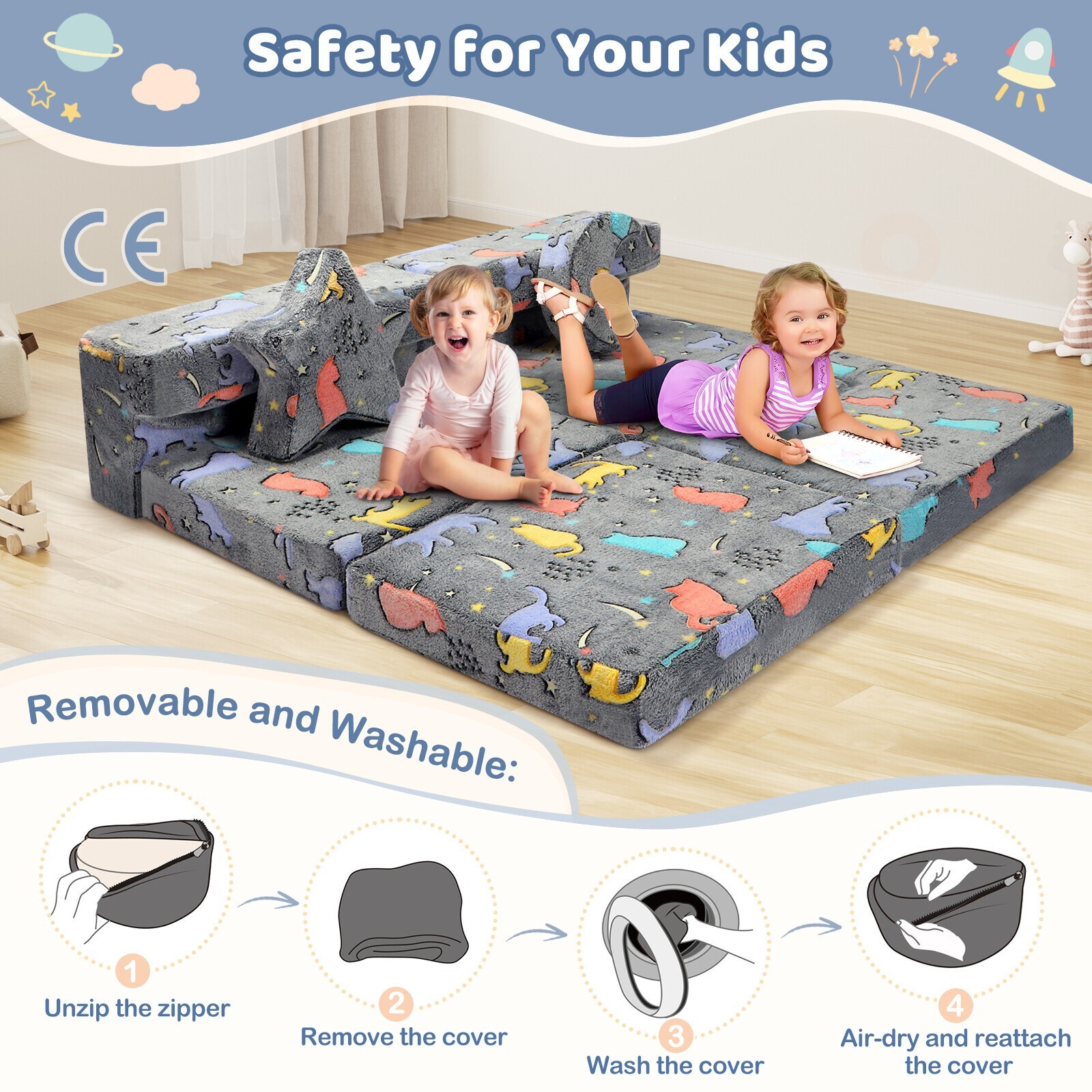 Modular Kids Couch 9Pcs Child DIY Sofa for Playing Playroom Bedroom Night Light