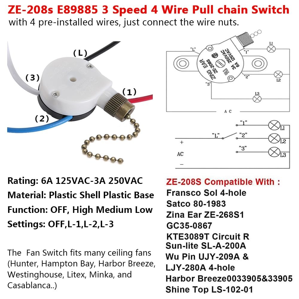 Ceiling Fan Switch Zing Ear Ze-208S E89885 3 Speed 4 Wire Pull Chain Switch Fan