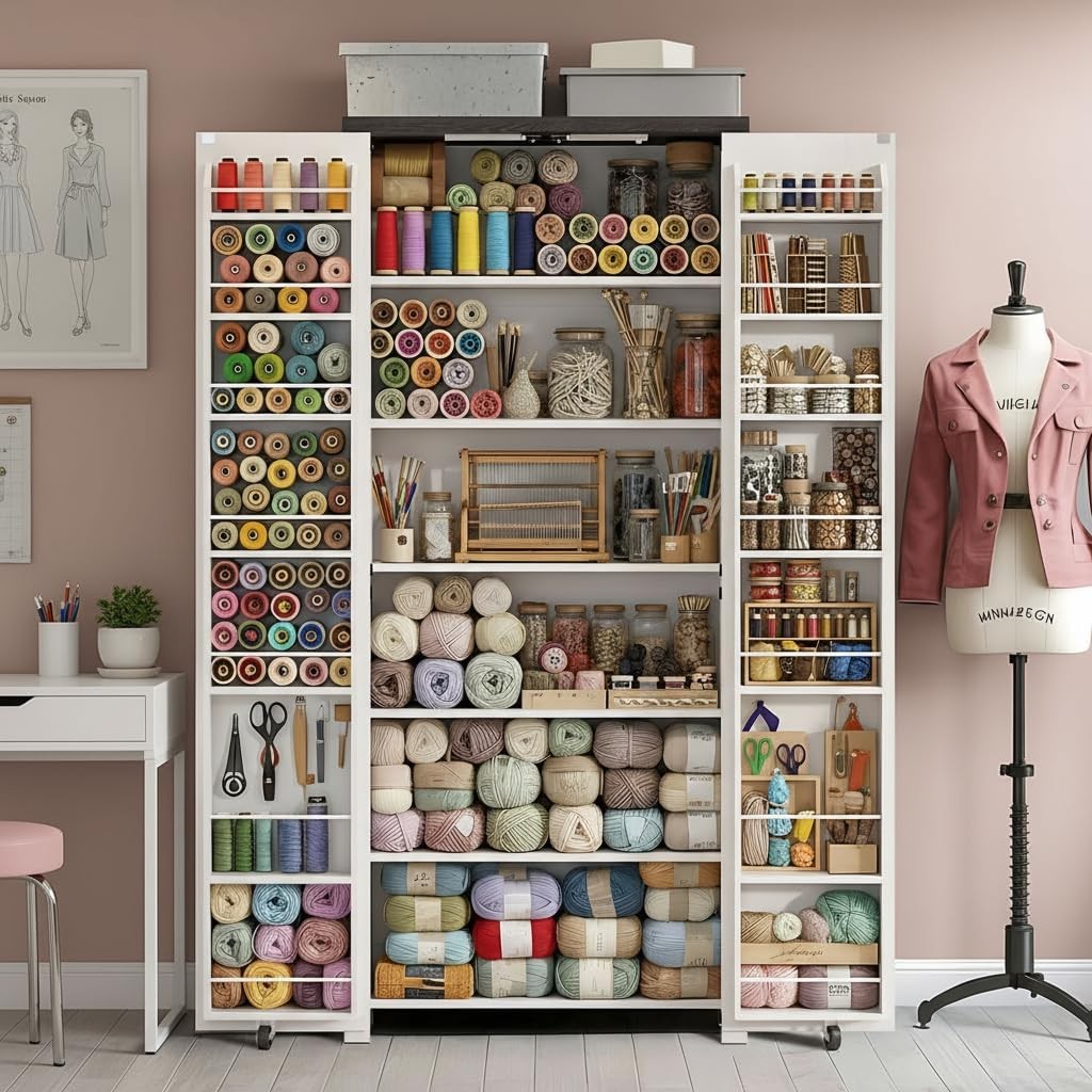 Craft Storage Cabinet with LED Lights​​ – 72" Adjustable Shelves Sewing