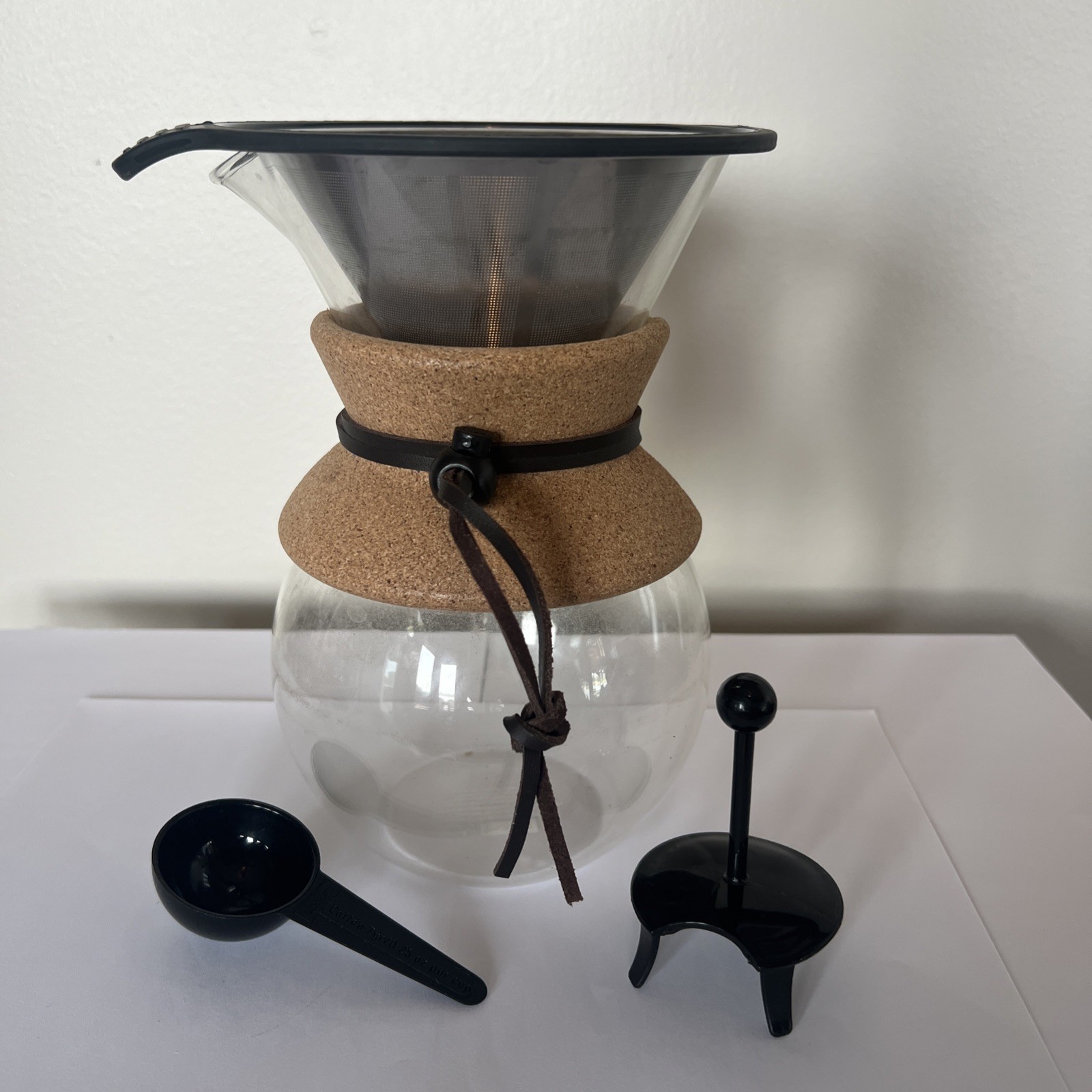 BODUM Glass Coffee Carafe 8” Glass Leather Pour Over Pitcher with Cork Collar