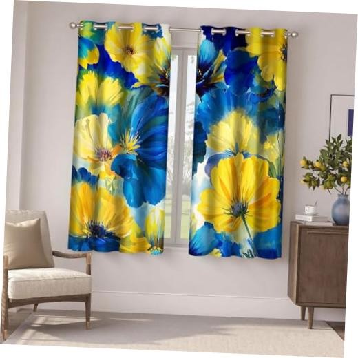Yellow Blue Flower Curtains Watercolor Floral 42"W x 63"L (Pack of 2) Flower-b
