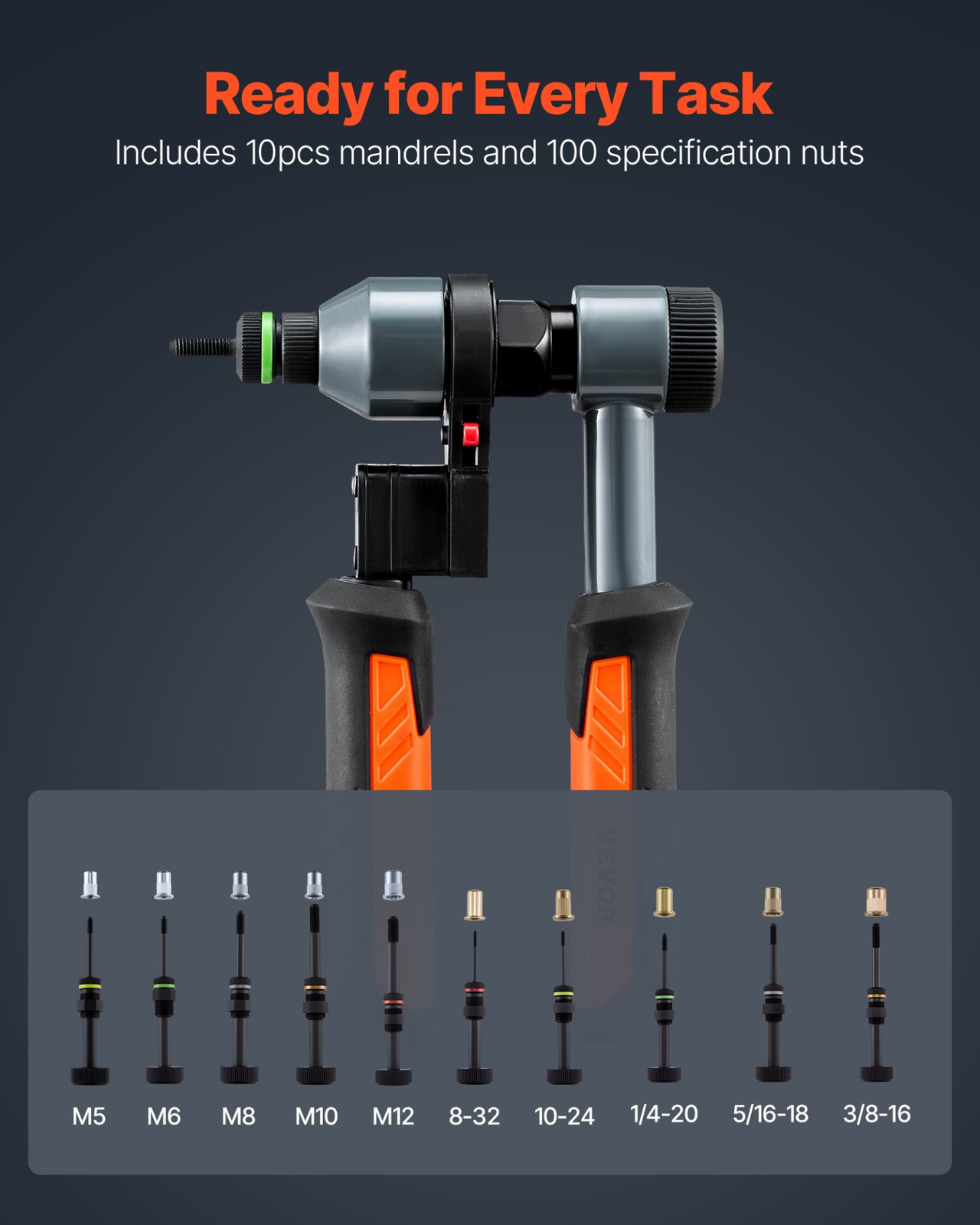 VEVOR 9" Ratchet Rivet Nut Tool Kit, 10 Mandrels, 100 Nuts, SAE/Metric, Case