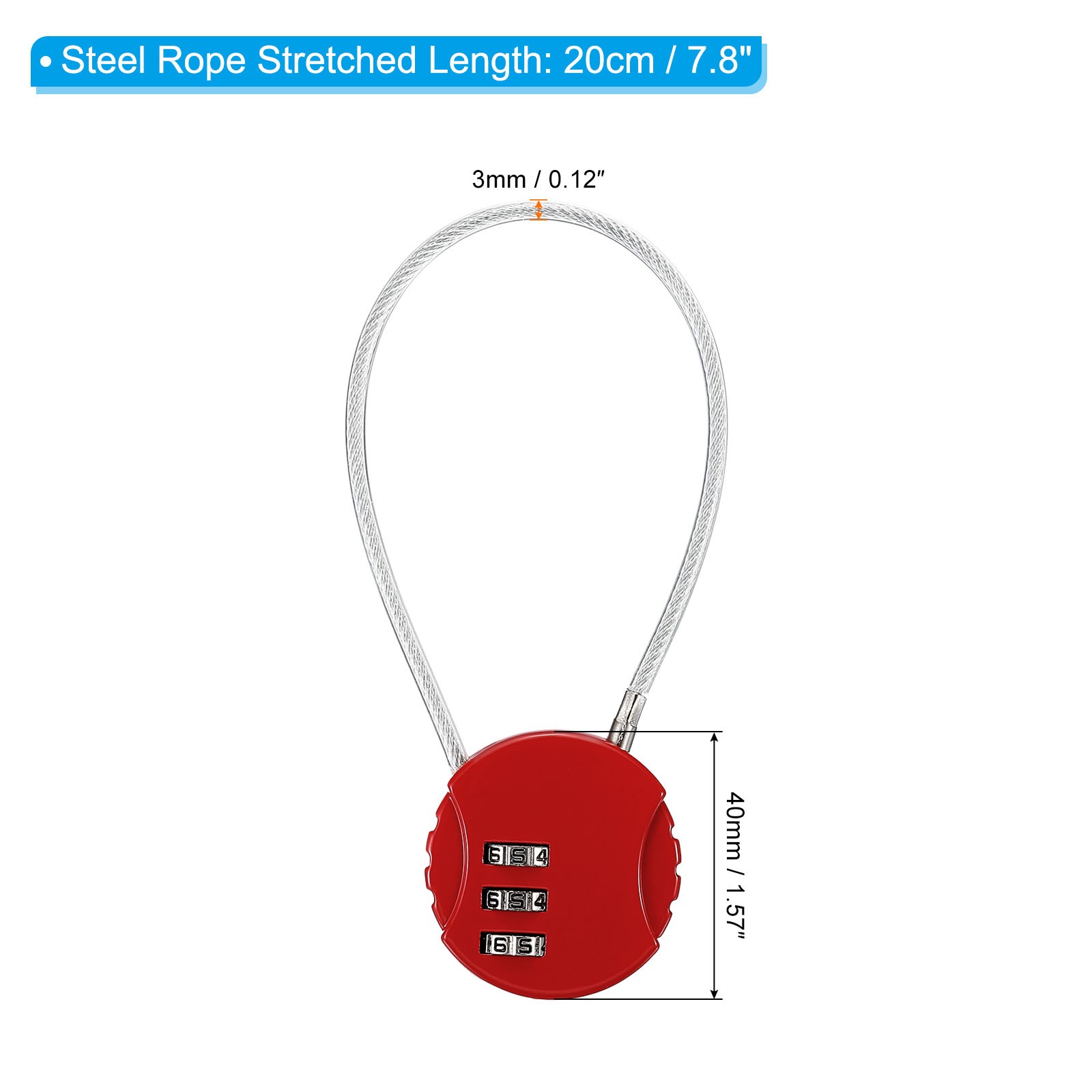 Small Combination Block 7.8", 1pc 3 Digit Luggage Lock, Red
